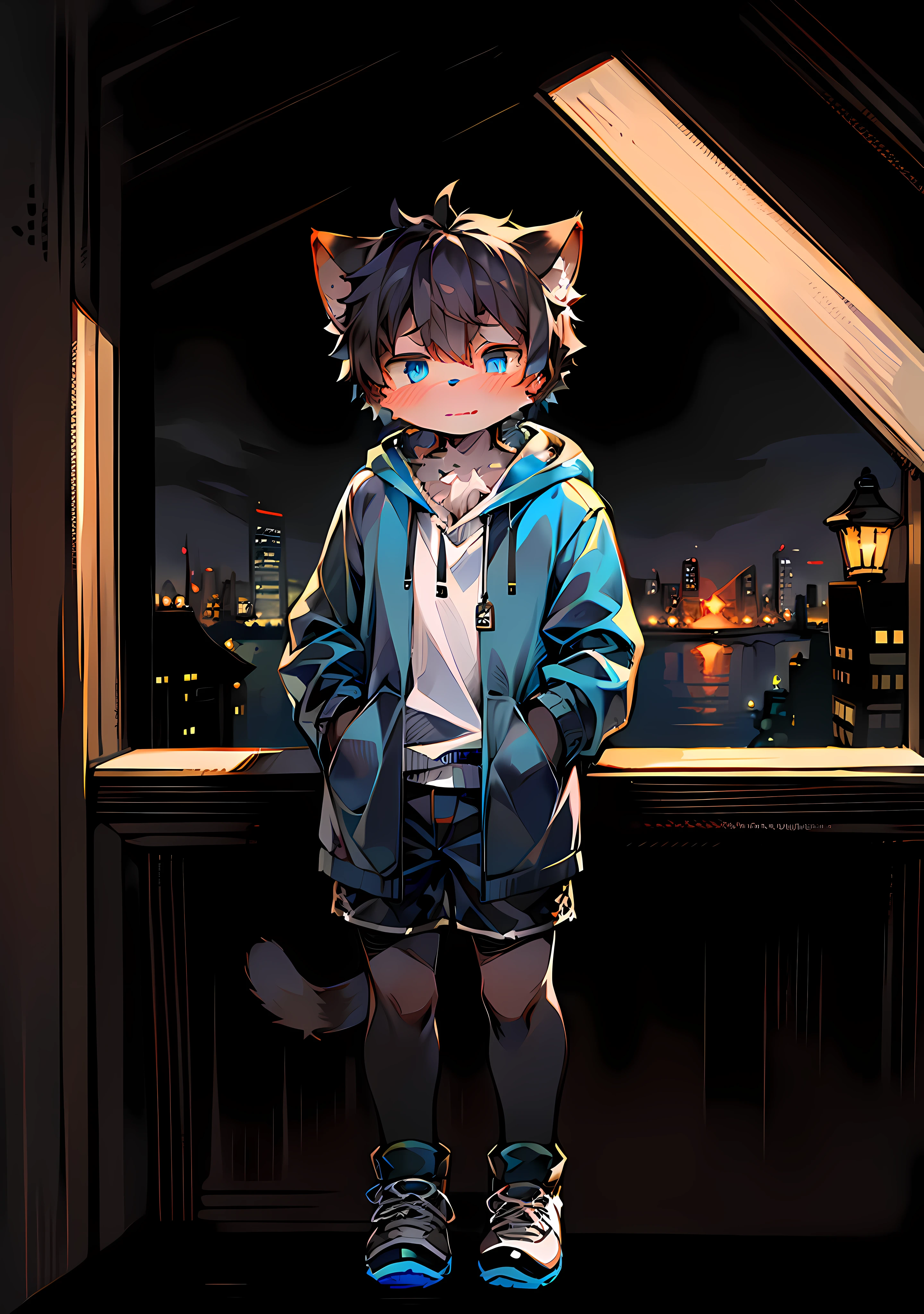 (Dark Environment: 0.8), Masterpiece, High Quality, Abstract Res, Digital Painting\(artwork\), by Dagasi, Yupa, Kiyosan, (Anthro, Fluffy Fur, Character Focus: 1.1), Anthro Male Cat, Short Hair, Portrait , bright eyes, panorama, character focus. (Detailed background: 0.7), solo, furry, furry male, cat, black fur, gray pattern, blue coat, fluffy shorts, blue eyes, black hair, wearing shoes, wide coat, white shirt, introverted, shy, silent