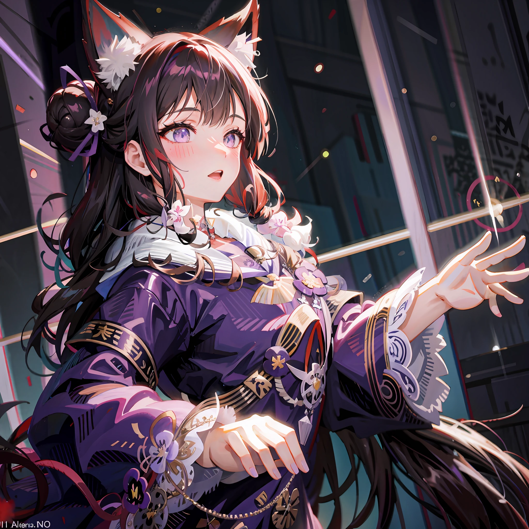 Anime girl with long hair and purple cat ear dress, Ayaka Genshin Impact, Ayaka Game Genshin Impact, Keqing from Genshin Impact, high detail official illustrations, Zhongli from Genshin Impact, beautiful anime cat girl, very beautiful anime cat girl, by arknights, trending on artstation pixiv, left hand as picture by Antonio Manzanedo