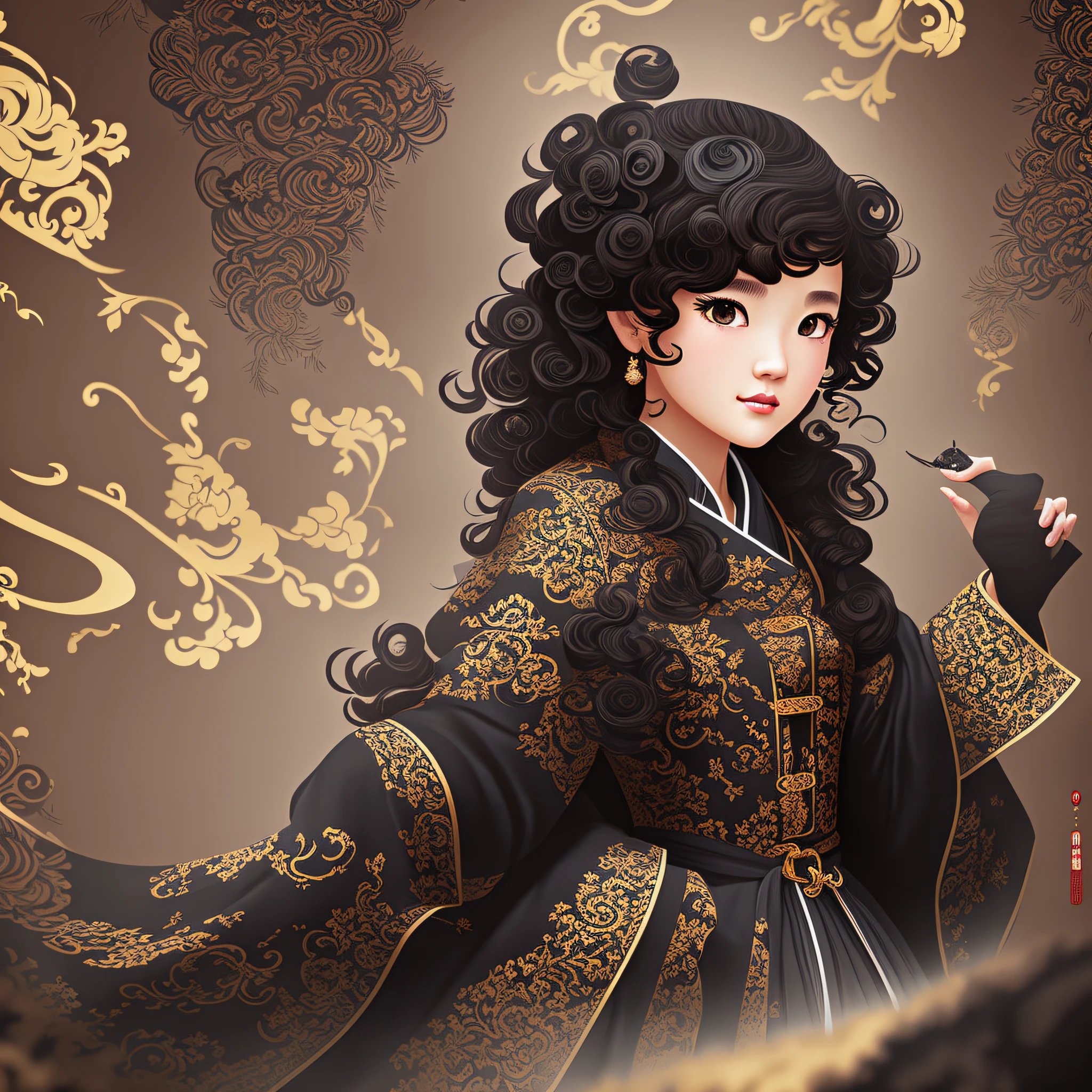 A small female character with black eyes, curly hair, wears a Chinese-style dress with an overcoat on top, illustration for a book cover --auto --s2