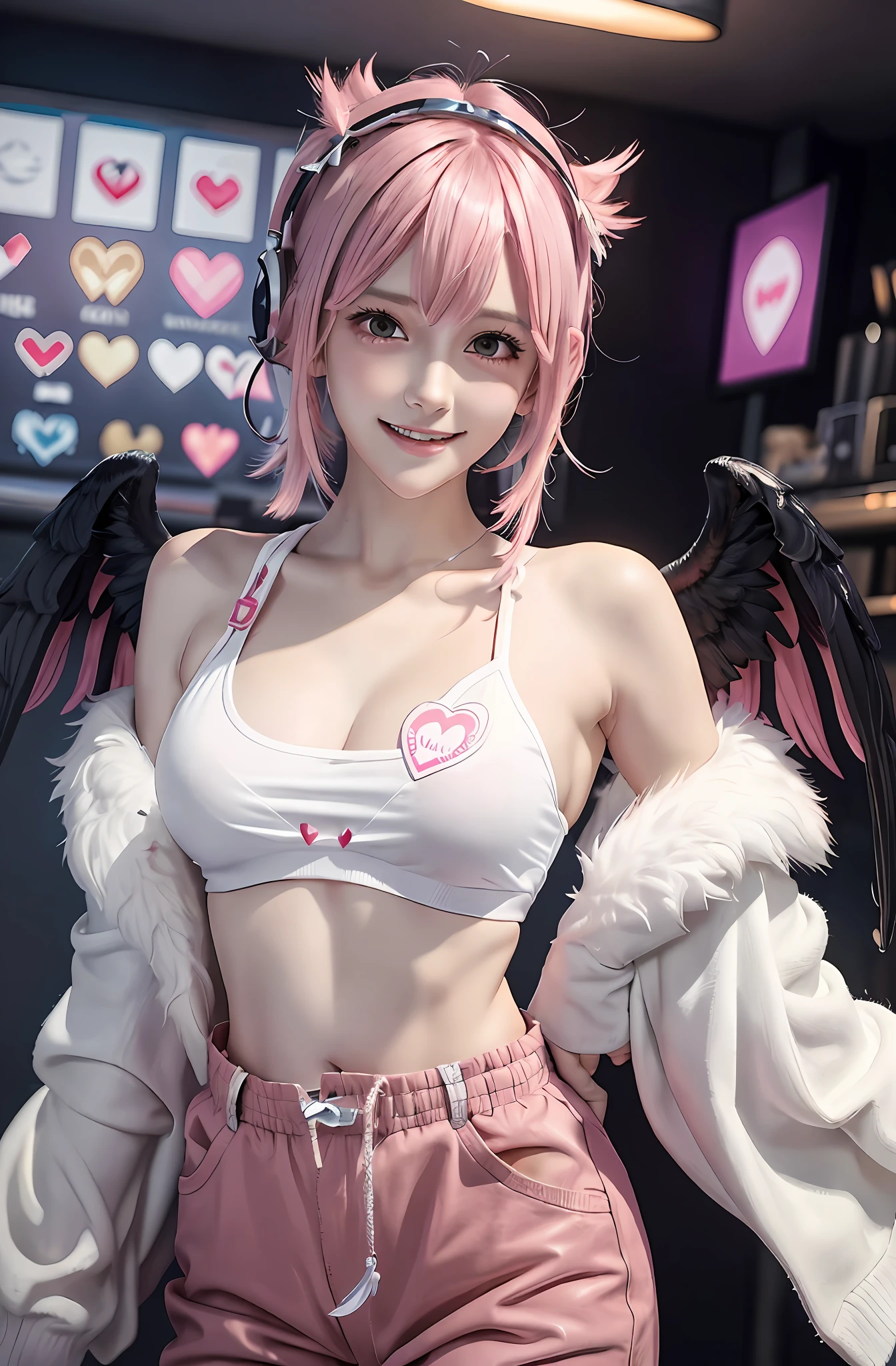 Short hair. Pigtails. Long pants that are cut off. Parka. Earring. Angel wings. Heart-shaped vacant chest. Heart logo. A big smile. Game Center. Headphone. White wings. Navel. Futomo. Navel out. Put on the cap. Pink hair