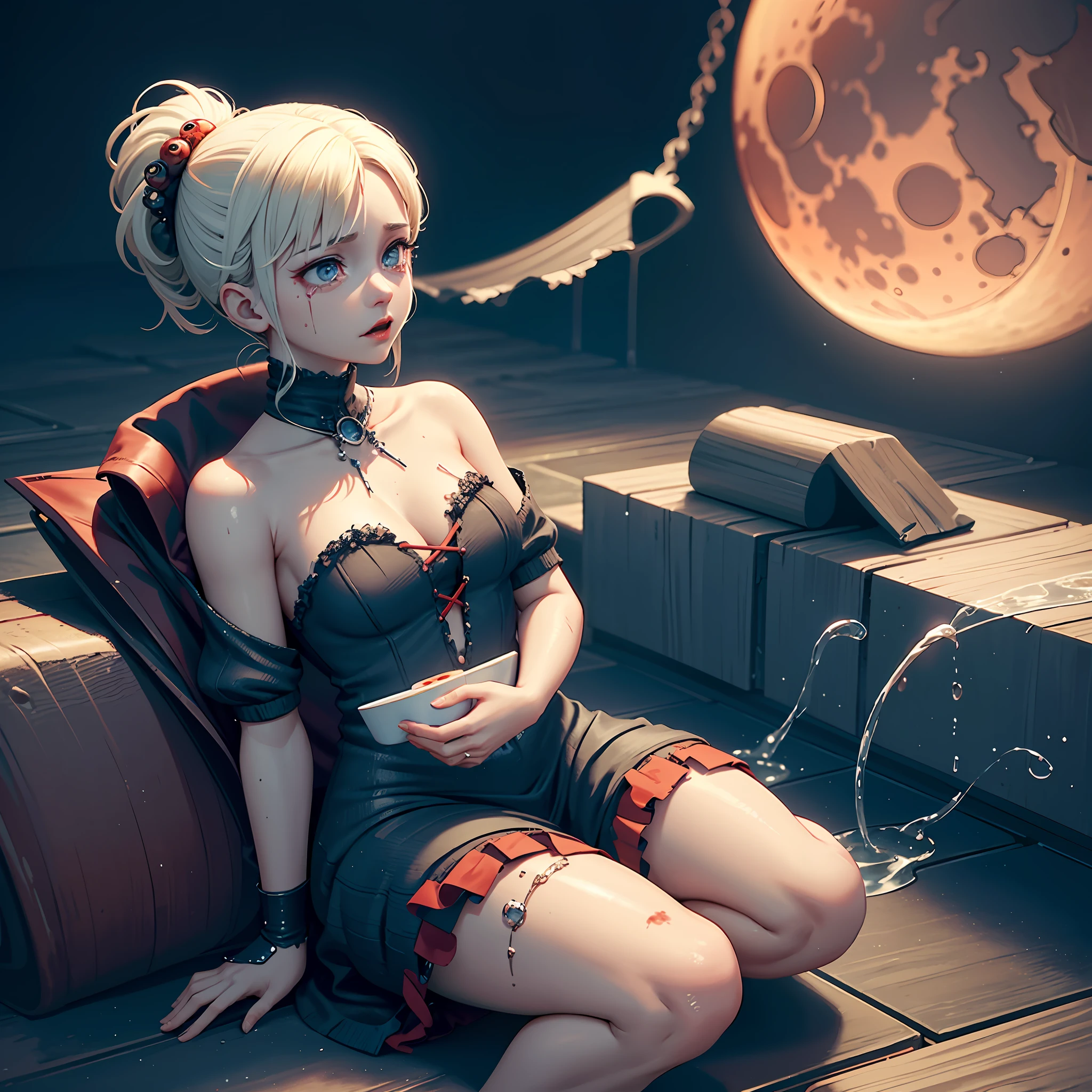In the middle of the night, the blood moon is high, there is a female ghost bleeding blood and tears all over her wounds and broken clothes, sitting in the pool, eating blood and tears, drinking bones, looking at it from a distance, very terrifying, close up, can scare you to death, horror, ugly appearance, tattered clothes, scars, c4d, 3d art, 3d rendering