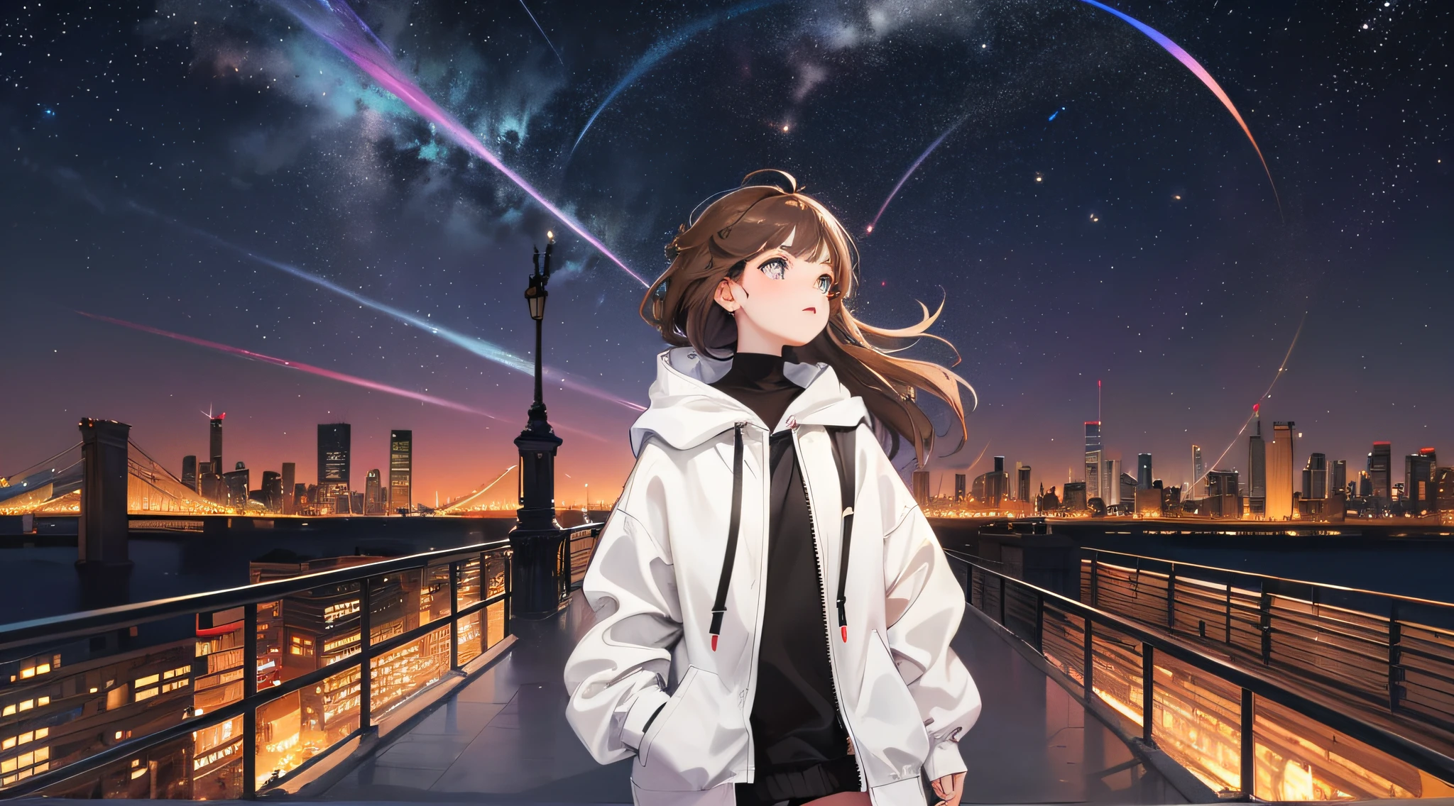 girl, full body, panorama, petite and cute, on the city street, brown hair, masterpiece, exquisite, city building lights, white hoodie, heterochromatic pupils, 45 degrees looking up at the starry sky, look high and cold