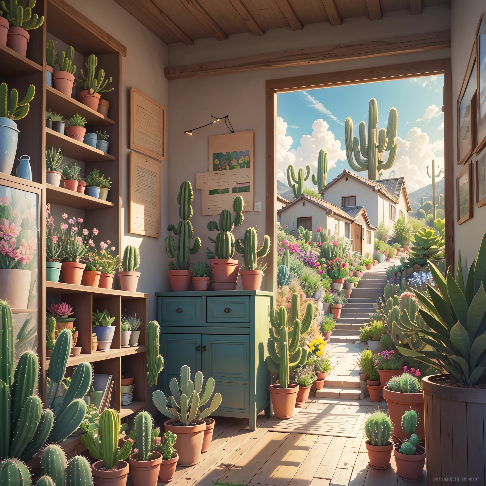 realistic drawing, landscape, cacti, succulent plants, daylight, green grass, cactus flower, blue sky, wallpaper, colorful succulents, nature, colorful flowers, butterflies
