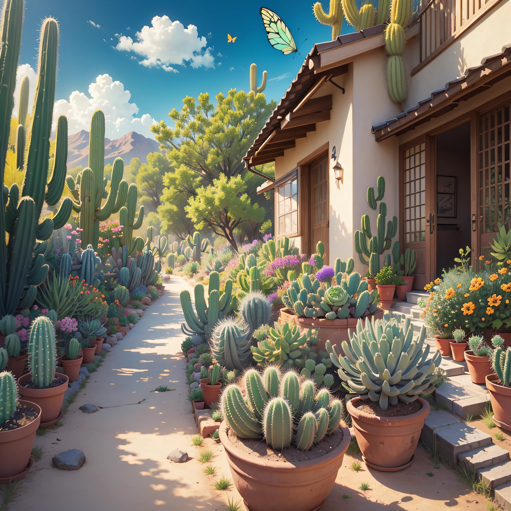 realistic drawing, landscape, cacti, succulent plants, daylight, green grass, cactus flower, blue sky, wallpaper, colorful succulents, nature, colorful flowers, butterflies