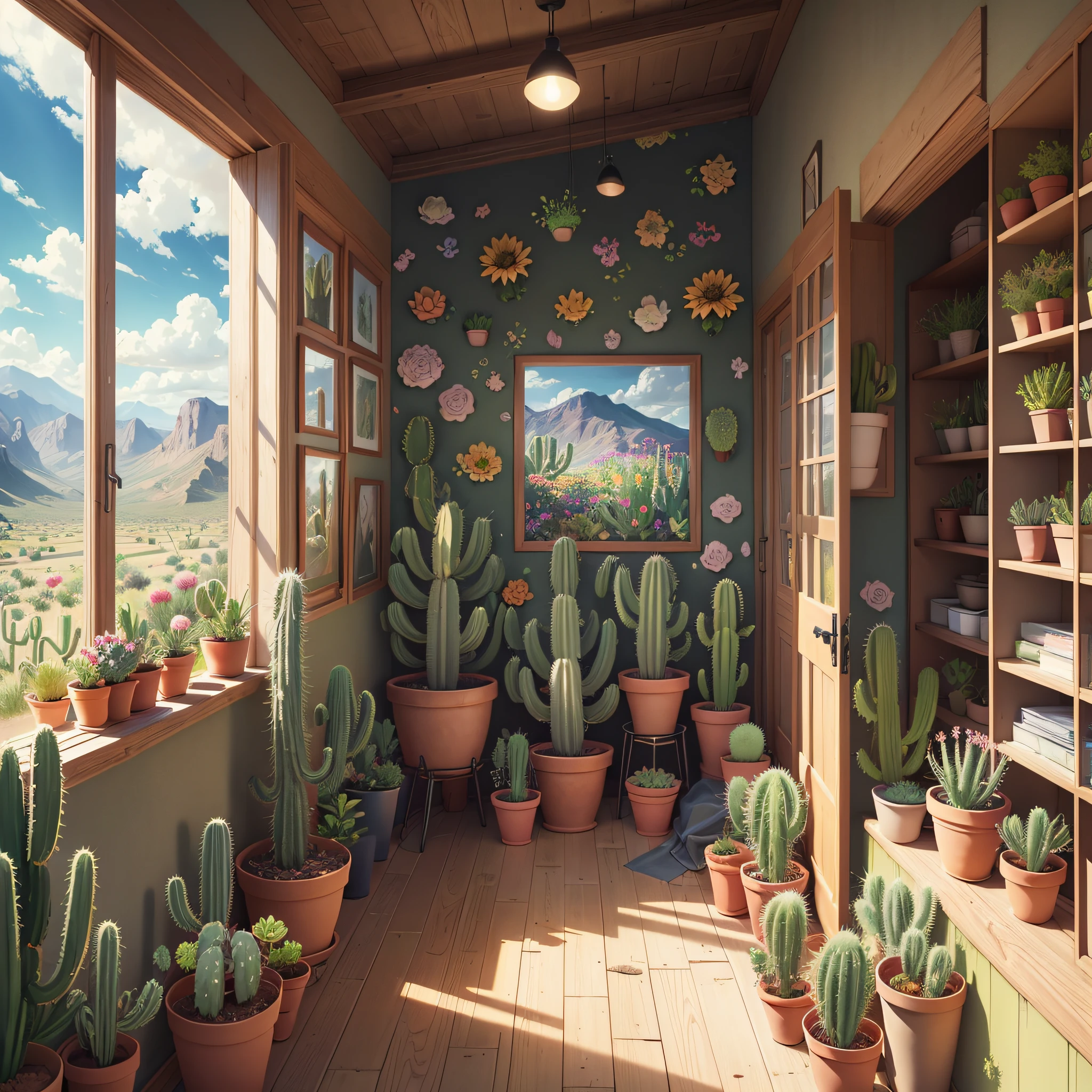 realistic drawing, landscape, cacti, succulent plants, daylight, green grass, cactus flower, blue sky, wallpaper, colorful succulents, nature, colorful flowers, butterflies