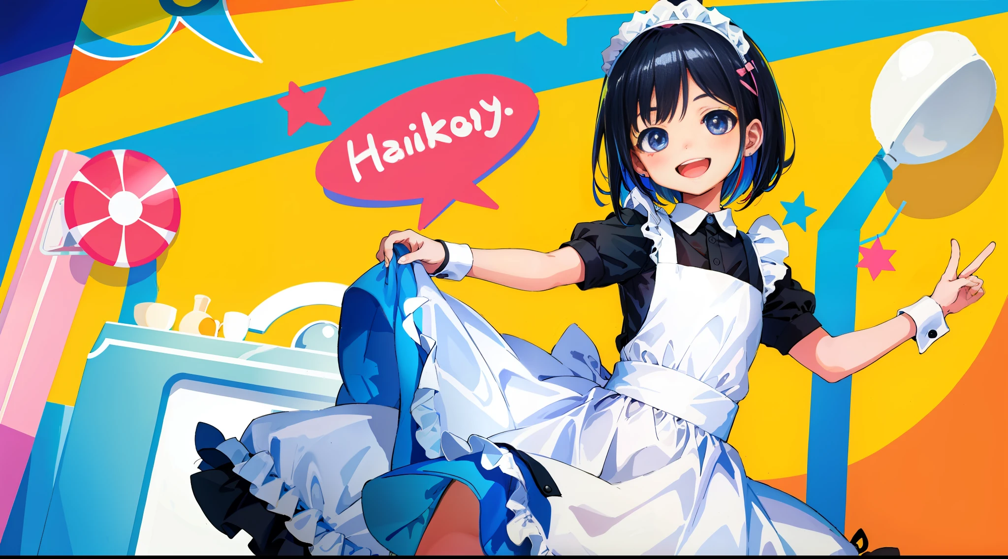HD picture, children's youthful style, animated face look, other children in background, 1 Bob hairstyle slim boy in maid dress, strong and vibrant eyes, happy smile, hotel