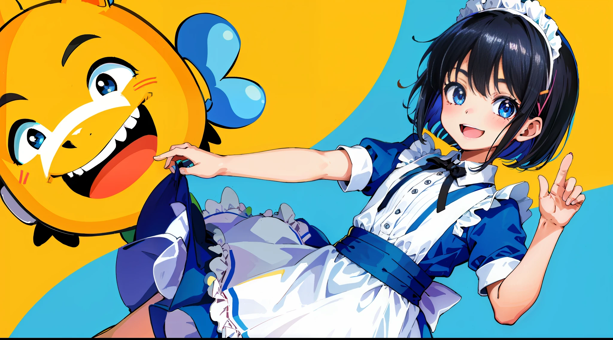 HD picture, children's youthful style, animated face look, other children in background, 1 Bob hairstyle slim boy in maid dress, strong and vibrant eyes, happy smile, hotel
