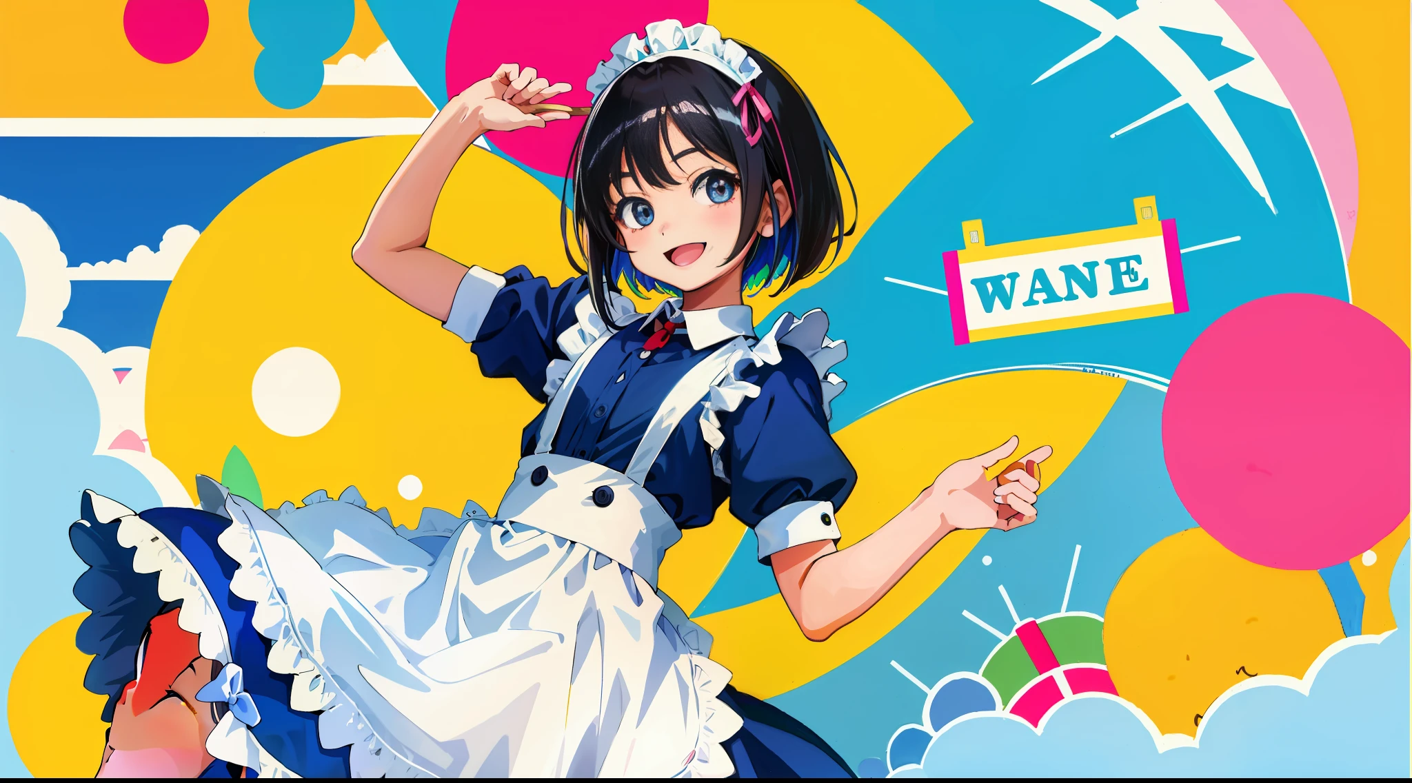 HD picture, children's youthful style, animated face look, other children in background, 1 Bob hairstyle slim boy in maid dress, strong and vibrant eyes, happy smile, hotel