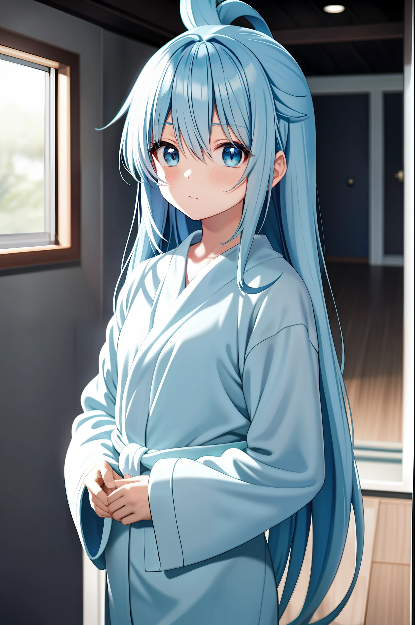 1menina_aqua_konosuba, long light blue hair, blue eyes, bathrobe,