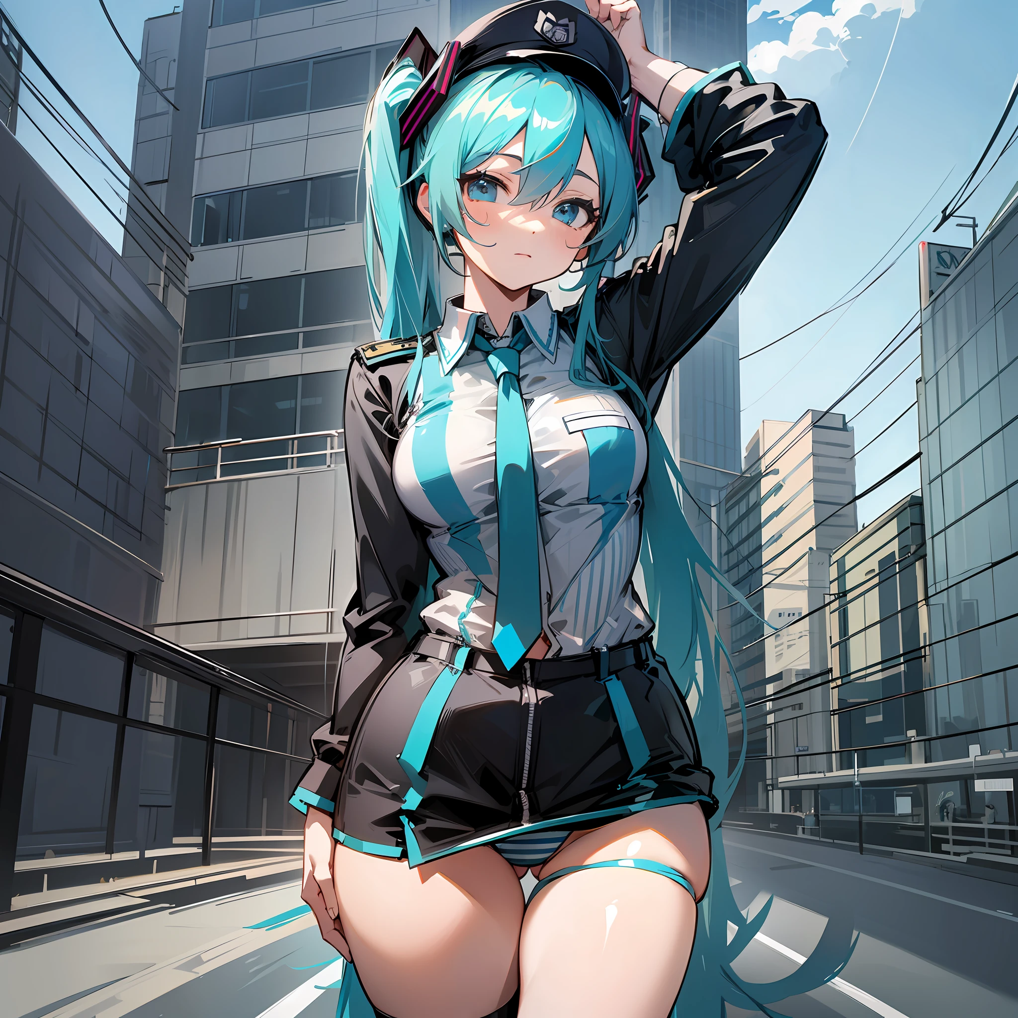Hatsune Miku, police uniform, sexy and provocative, black color, tight, hd, shown light blue underwear with white stripes --auto --s2
