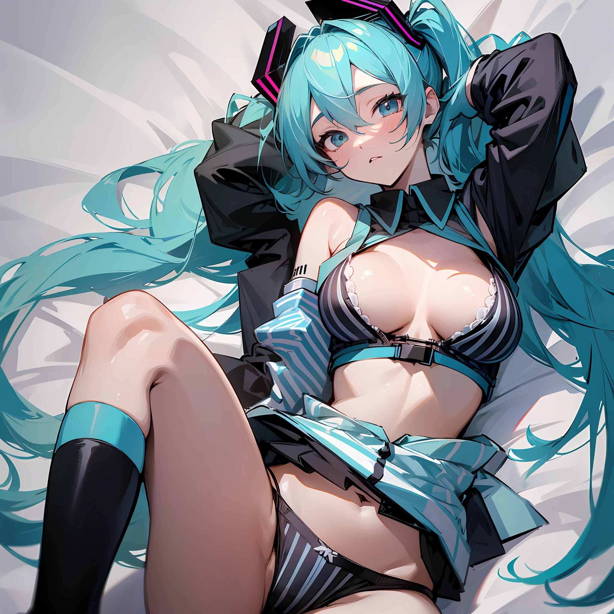 Hatsune Miku, police uniform, sexy and provocative, black color, tight, hd, shown light blue underwear with white stripes --auto --s2