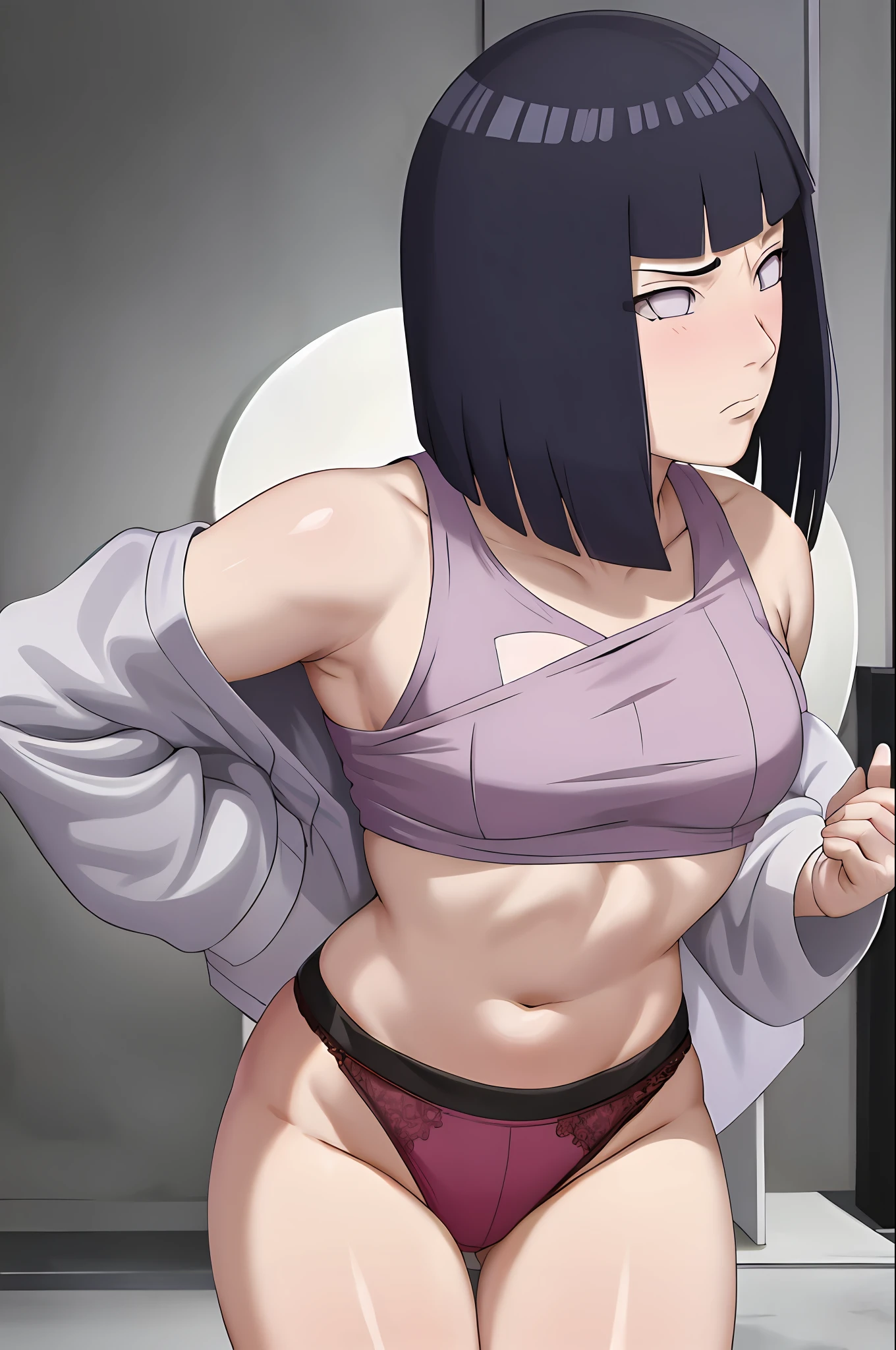 Masterpiece, absurd, Hinata \ (Boruto), 1 girl, solo, looking at the audience, angry, blush, , hustle, thong, crop top , groin, patch, shape, areola: o,