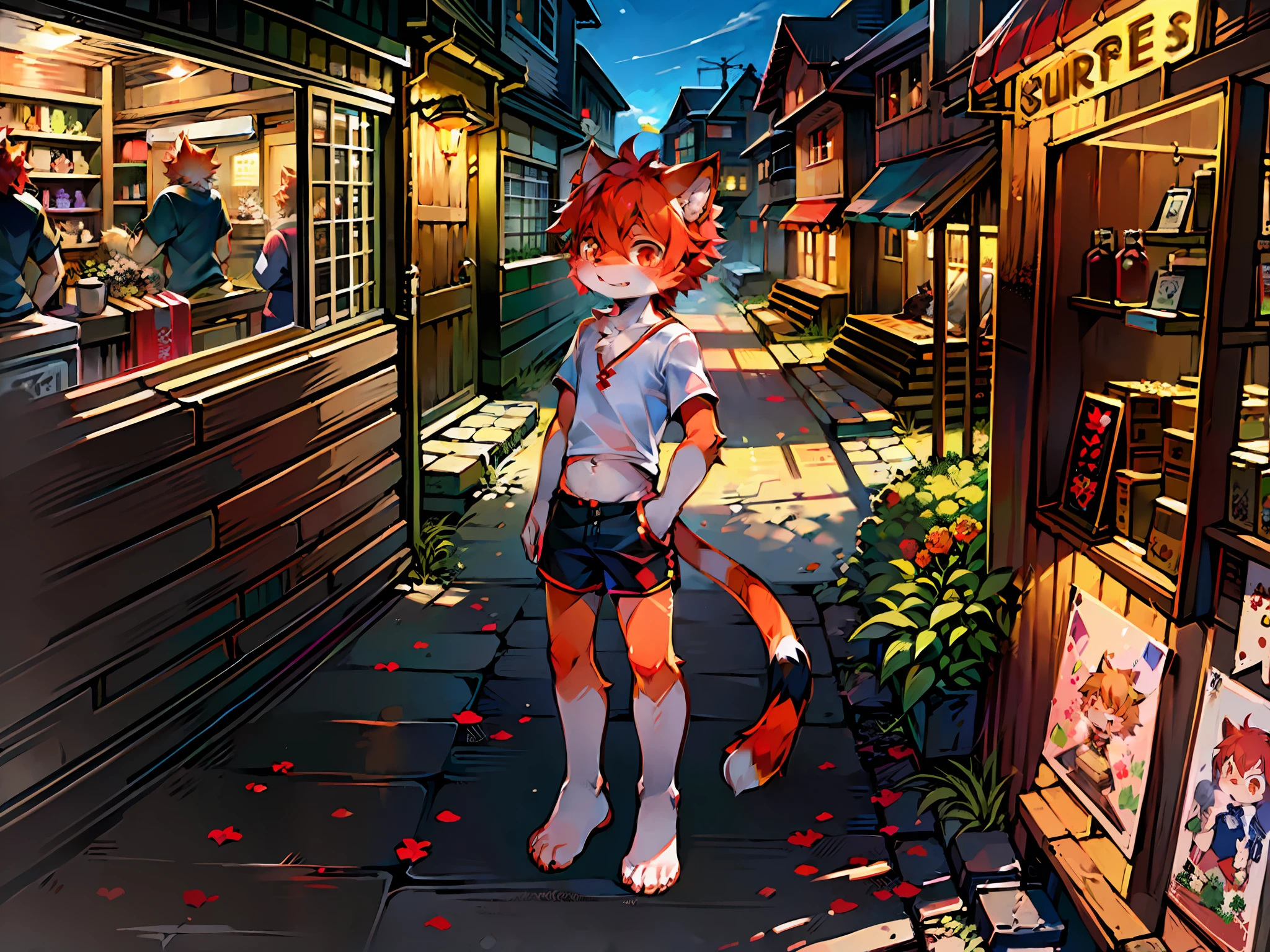 (Bright environment: 1.4), masterpiece, high quality, abstract res, digital painting\artwork\, by dagasi, yupa, kiyosan, (anthro, fluffy fur, character focus: 1.1), anthro male cat, short hair, portrait , bright eyes, panorama, character focus. (Detailed background: 0.9), Solo, Multiple, Furry, Furry Male, Male Focus, Anthr, (Full Body Fur, Fluffy Tail, Red Tail, Red Fur, Red Eyes, Red Hair: 1.5), (Long Feline, Youth, Shorts: 1.2), (Sunny, Street, Shorts,: 1.1)