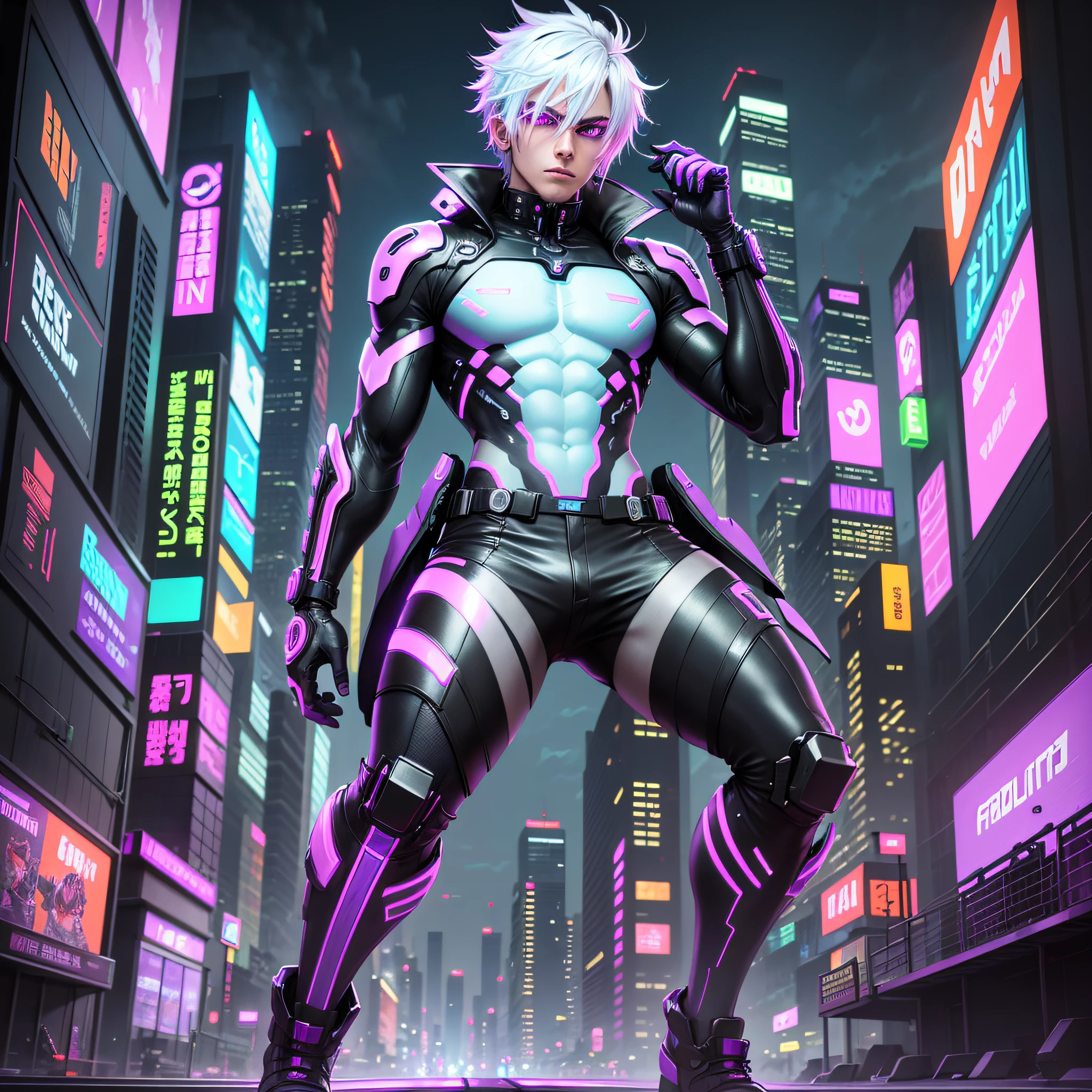 Futuristic cyberpunk male character with neon lights, curled white hair, purple neon eyes, black clothes glued on, car in the background at high speed, city of neon lights, sidewalk and gray brick street, futuristic floating metal subway, bullet train, billboard showing propagating anime. --auto --s2