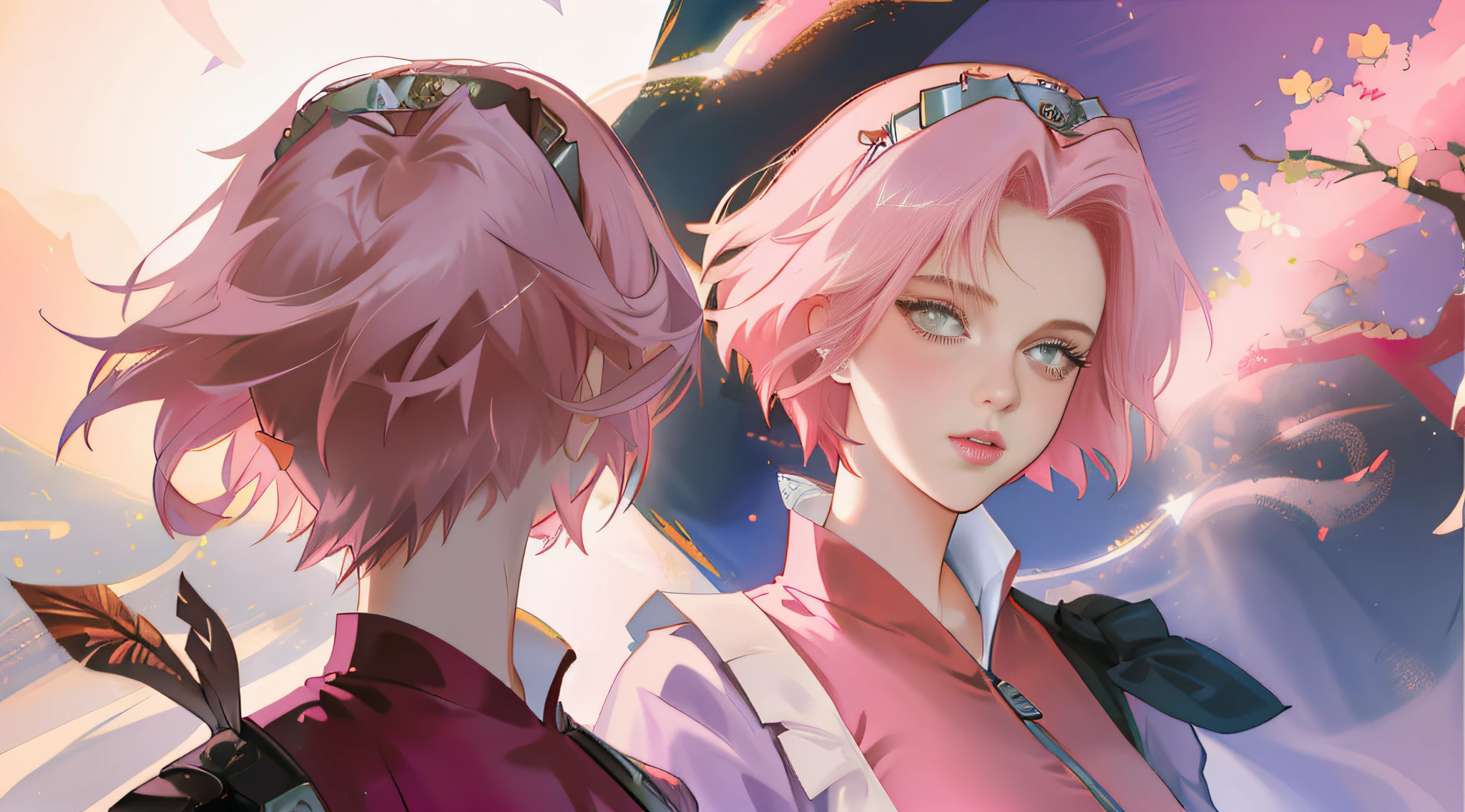 Queen of angels, beautiful woman, seductive, dark, standing, sensual eyes, lilac dress, forehead showing, symbol on forehead, queen, pink hair, delicate, young, short hair, full body, from League of Legends, trend in artstation, by rhads, andreas Rocha, rossdraws, makoto shinkai, laurie greasley, lois van baarle, ilya kuvshinov and greg rutkowski