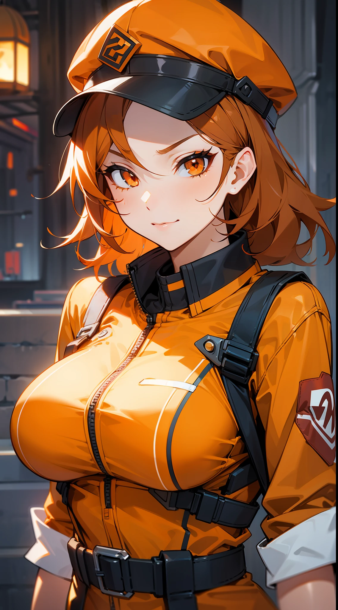 A girl, milf, older, dark orange hair, seductive look, builder clothes, cap, orange eyes