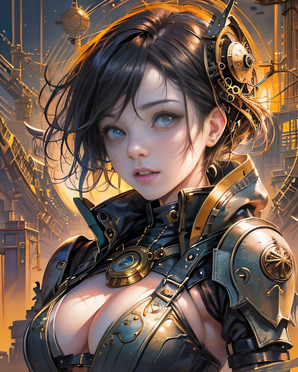 A close up steam punk girl in a steampunk city, art by Kelsey Beckett and Bill Watterson Makoto Shinkai, dynamic pose, beautiful, complex background, mechanical and steampunk blimp, steampunnk zeppelin, reflect, stained glass ceiling by Clara Driscoll, digital painting, watercolor, sunset, underground lake, an effervescent atmosphere, ultra highly detailed face and eyes, magic, engines, 32k, dynamic lighting, ultra highly detailed, deep colors, sureal, intrecate detailed --auto --s2