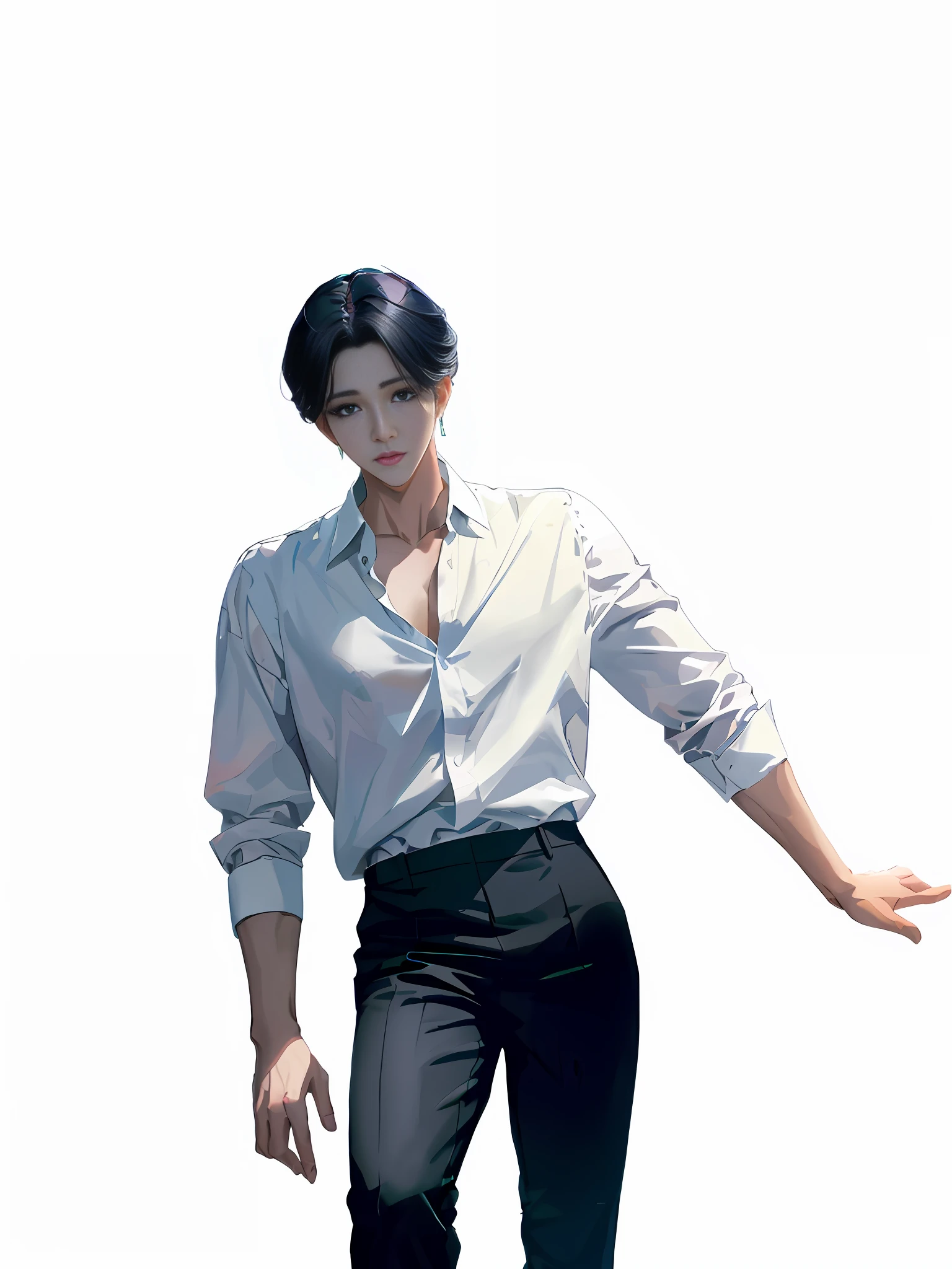 there is a man in a white shirt and black pants, handsome anime pose, delicate androgynous prince, jung jaehyun, by jeonseok lee, inspired by jeonseok lee, beautiful androgynous prince, kim doyoung, cai xukun, inspired by Yanjun Cheng, inspired by Zhang Han, elegant cinematic pose, inspired by Bian Shoumin, 2 d cg