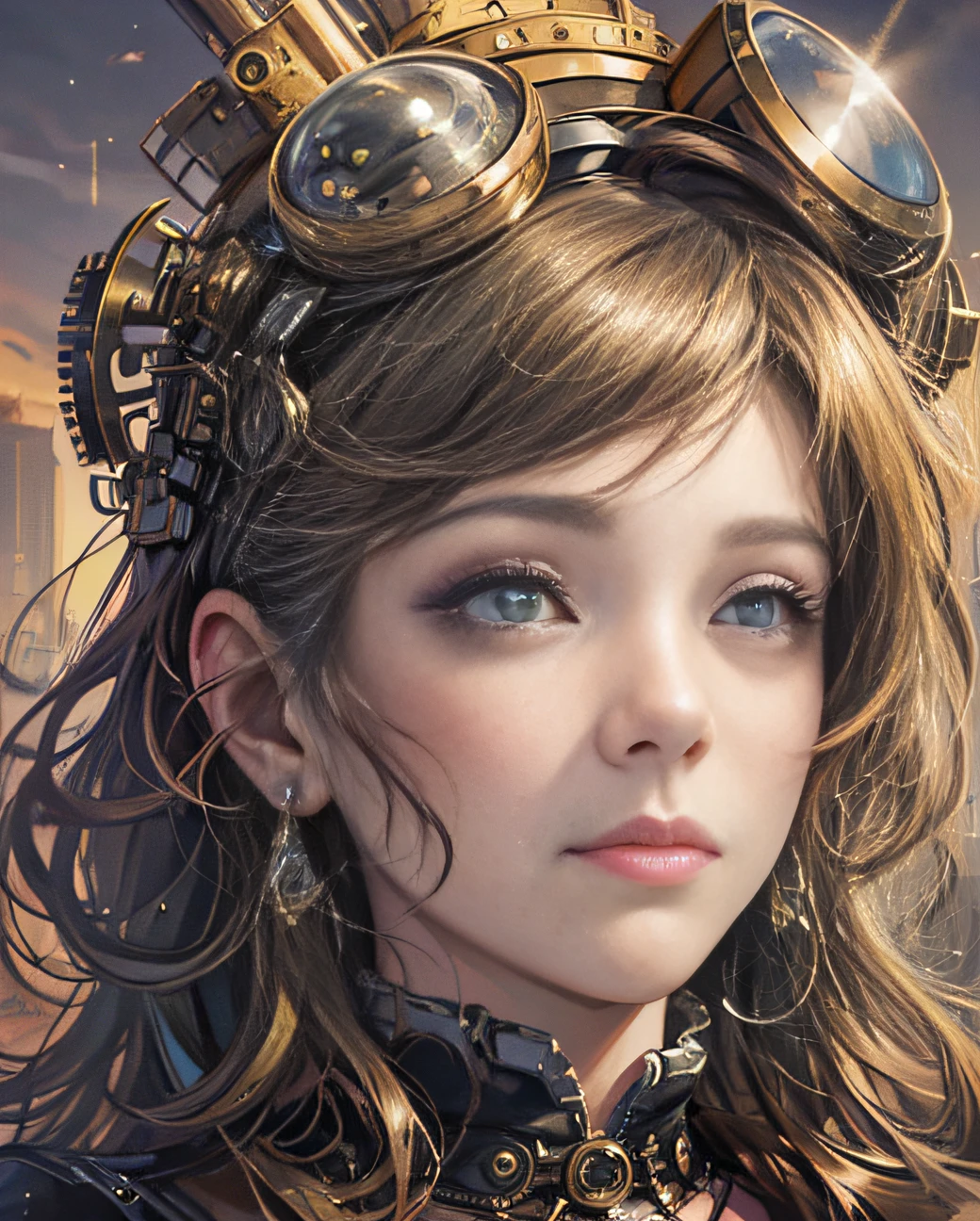 A close up steam punk girl in a steampunk city, art by Kelsey Beckett and Bill Watterson Makoto Shinkai, dynamic pose, beautiful, complex background, mechanical and steampunk blimp, steampunnk zeppelin, reflect, stained glass ceiling by Clara Driscoll, digital painting, watercolor, sunset, underground lake, an effervescent atmosphere, ultra highly detailed face and eyes, magic, engines, 32k, dynamic lighting, ultra highly detailed, deep colors, sureal, intrecate detailed --auto --s2