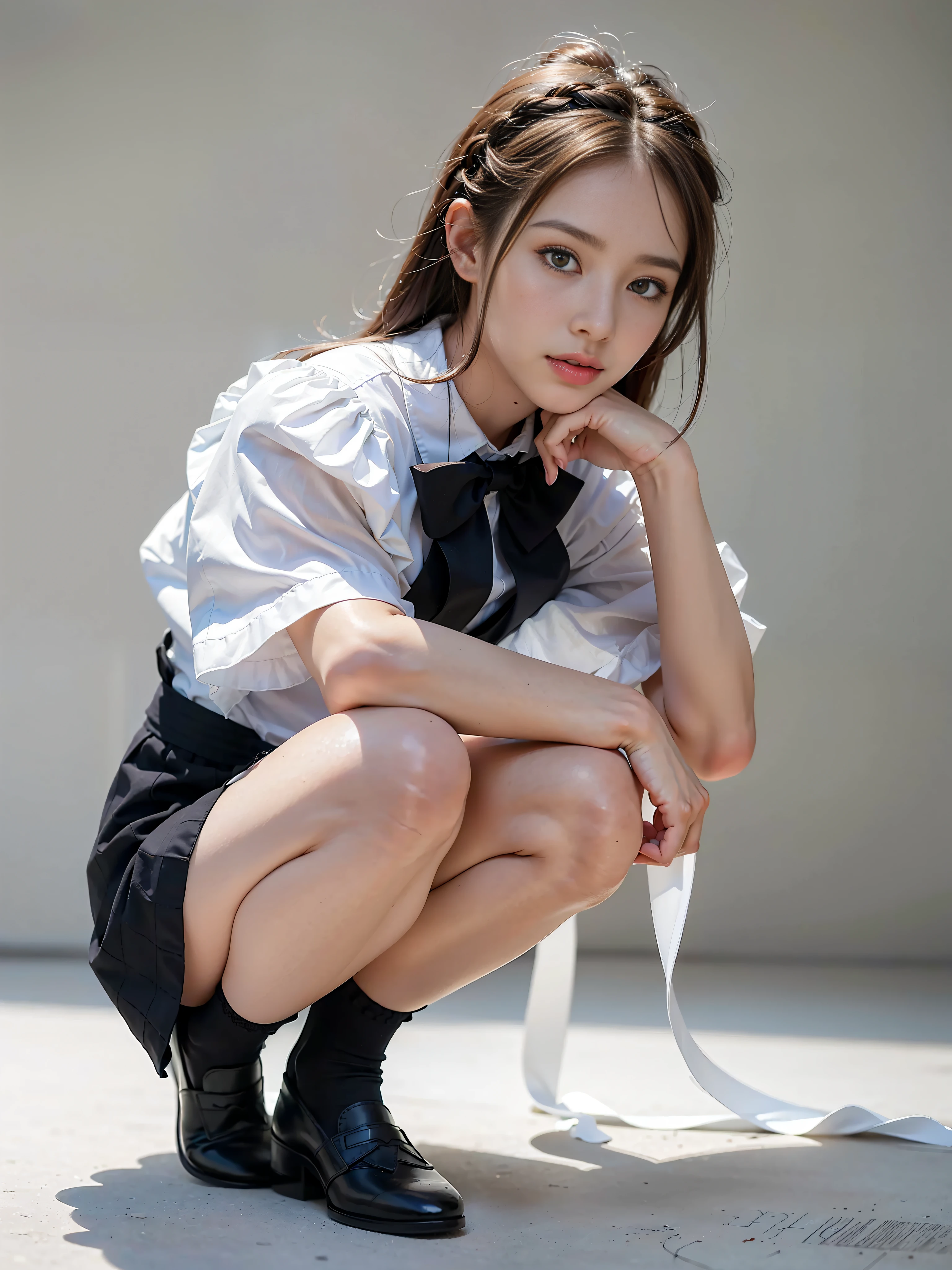 (Photoreal: 1.4), (Hyperrealistic: 1.4), (Realistic: 1.3), (Smooth Lighting: 1.05), (Improved Cinematic Lighting Quality: 0.9), 32K, 1 female, 24 year old female, Realistic lighting, Backlight, Face Lights, Ray Tracking, (Bright Light: 1.2), (Quality Improvement: 1.4), ( Realistic textured skin of the highest quality: 1.4), fine detailed eyes, detailed face, fine quality eyes, dark brown eyes, (tired, sleepy and satisfied: 0.0), pale lighting, white background, blouse with white ruffles, bow tie, dark blue skirt, dark brown hair, braided part of the hair and tied a small ribbon, squatting with knees, short ankle socks of white silk, Black strap loafers
