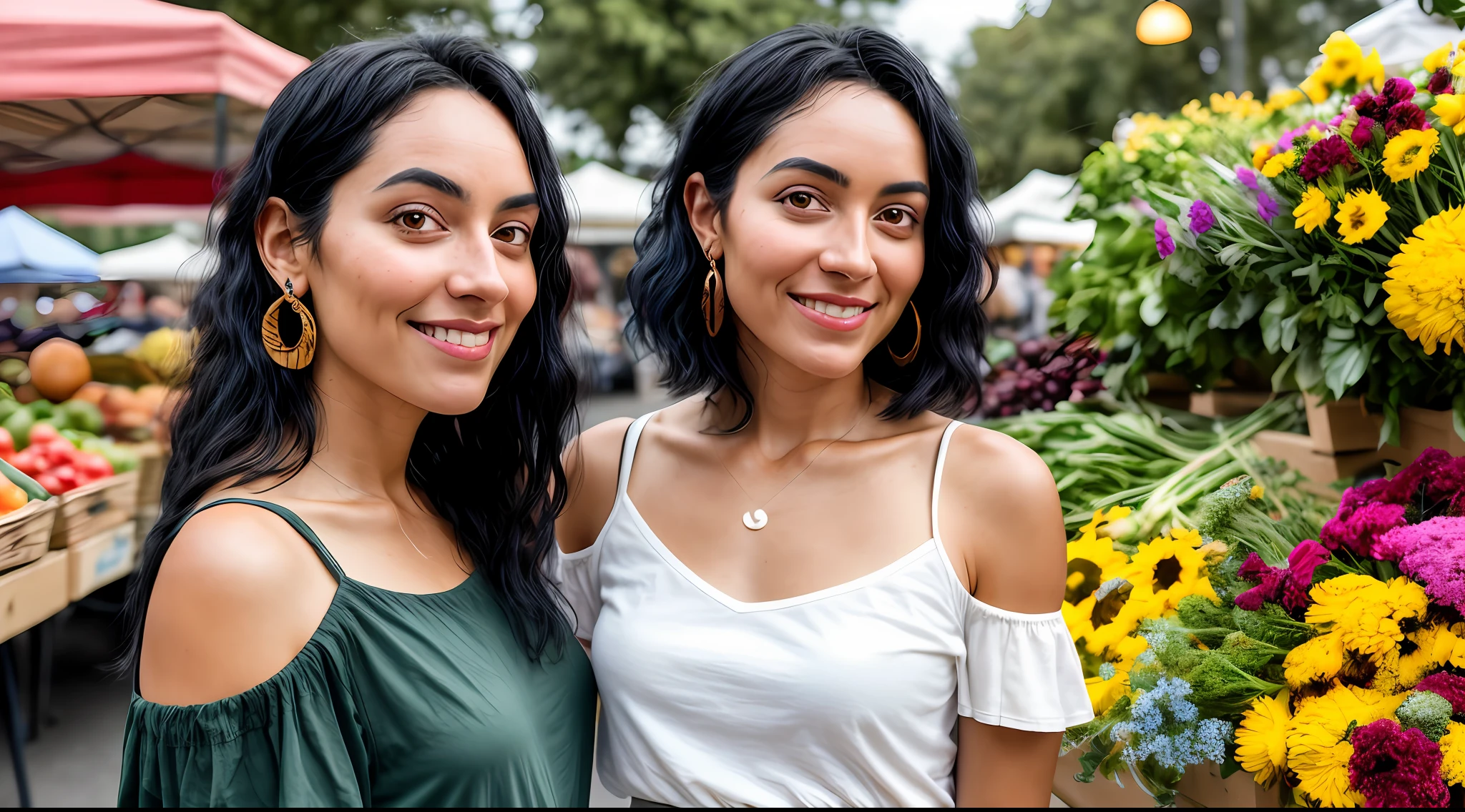 RAW photo, a close-up portrait photo of a 25-year-old woman, black hair, in Cold-Shoulder Top, midi skirt, long haircut, brown skin, normal body, beautiful, , looking at the viewer, the background is the farmers market, fresh produce, handmade products, flowers, lively, (high skin detailed:1.2), beautiful detailed face, 8k uhd, dslr, soft lighting, high quality, grain film, Fujifilm XT3,