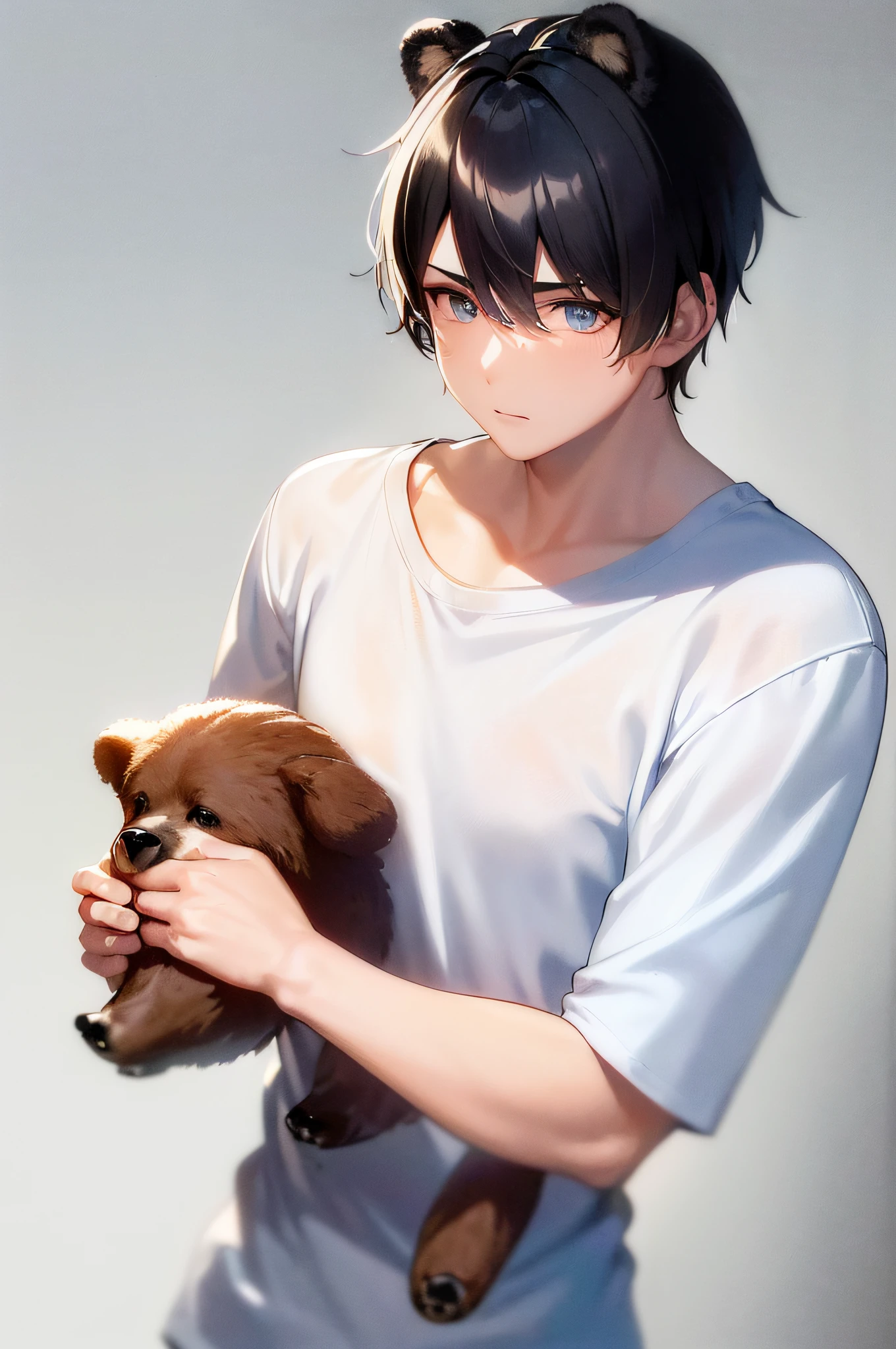 ((A male:1.2)), ((boy:1.2)), first-person view, upper body, cold light, blue_eyes, (bear ears:1.2), hair_between_eyes, (Zaffre eyes color:1.1), (holding a dog robot toy:1.2), (cute white T-shirt:1.5), (hair pulled back:1.5), dog pattern, looking_at_viewer, male_focus, short_hair, (the idealism of the future world:1.2), (clean background trending:1.5), rain, wet hair, styled with a captivating hairdo, accentuated with bangs and hair between eyes, highlighting his distinctive and stylish black and short hair, this dynamic composition expertly showcases his strong male focus, in a manner that captivates and intrigues viewers