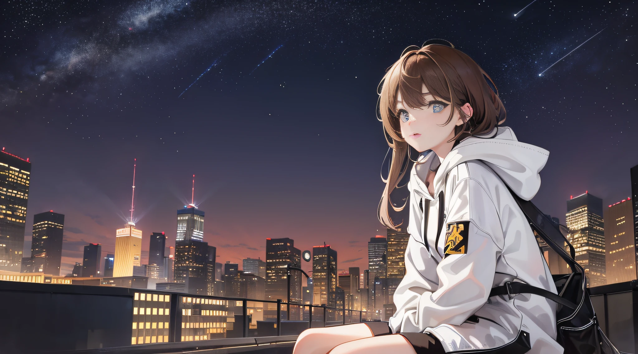 1girl, full body, more distant view, petite and cute, city street, brown hair, masterpiece, exquisite, urban architectural lights, white hoodie, heterochromatic pupils, 45 degrees up at the starry sky, high and cold expression, sitting on the roof of the car shed, slightly longer cuffs