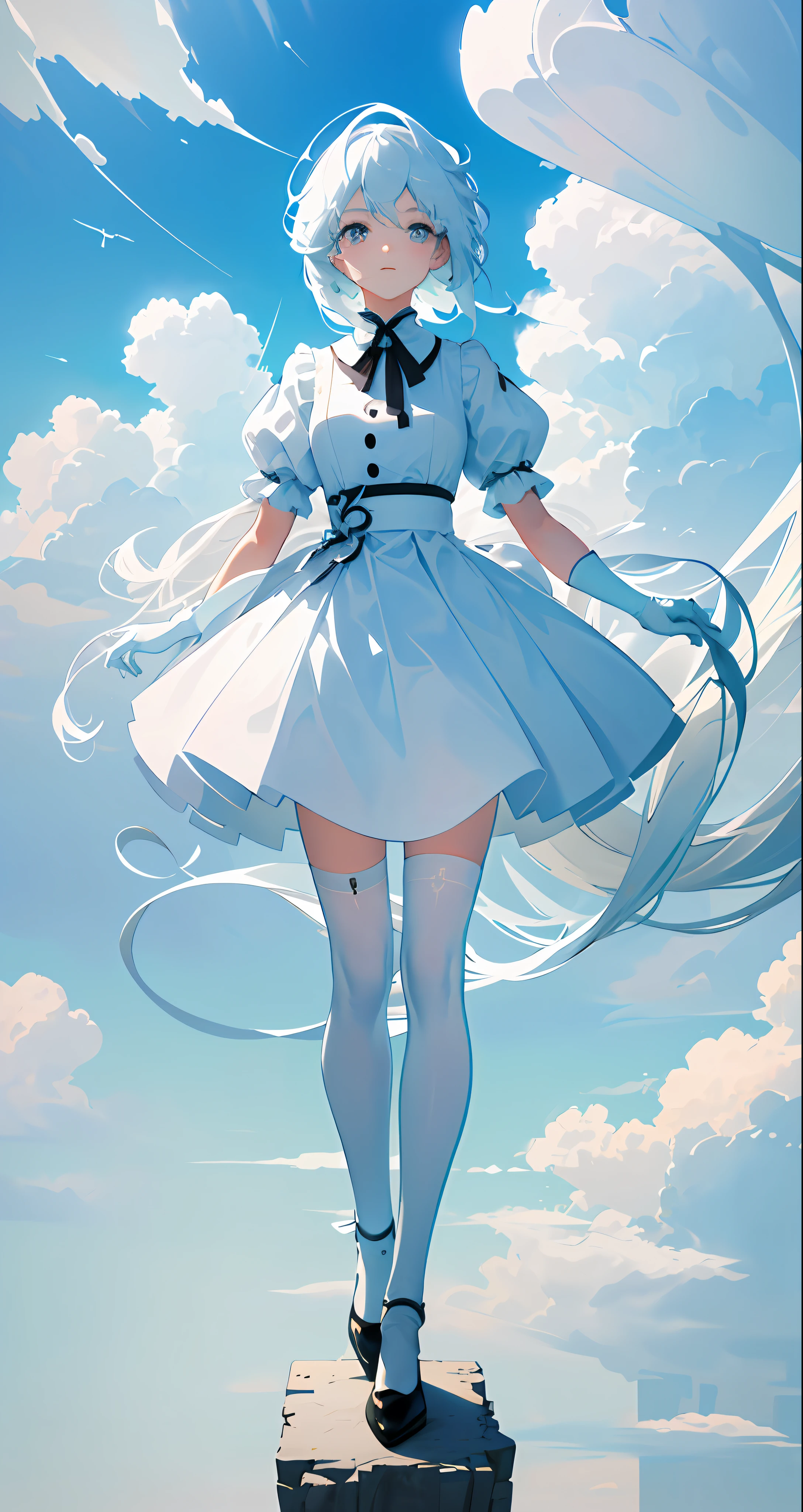Masterpiece, Best Quality, Film Stills, 1girl, Floating in the Sky, Cloud Girl, Clouds, (Close-up: 1.1), Bright, Happy, Funny, Soft Light, (Bauhaus, Shapes, Lines, Abstract: 1.1), Full Body, White Stockings
