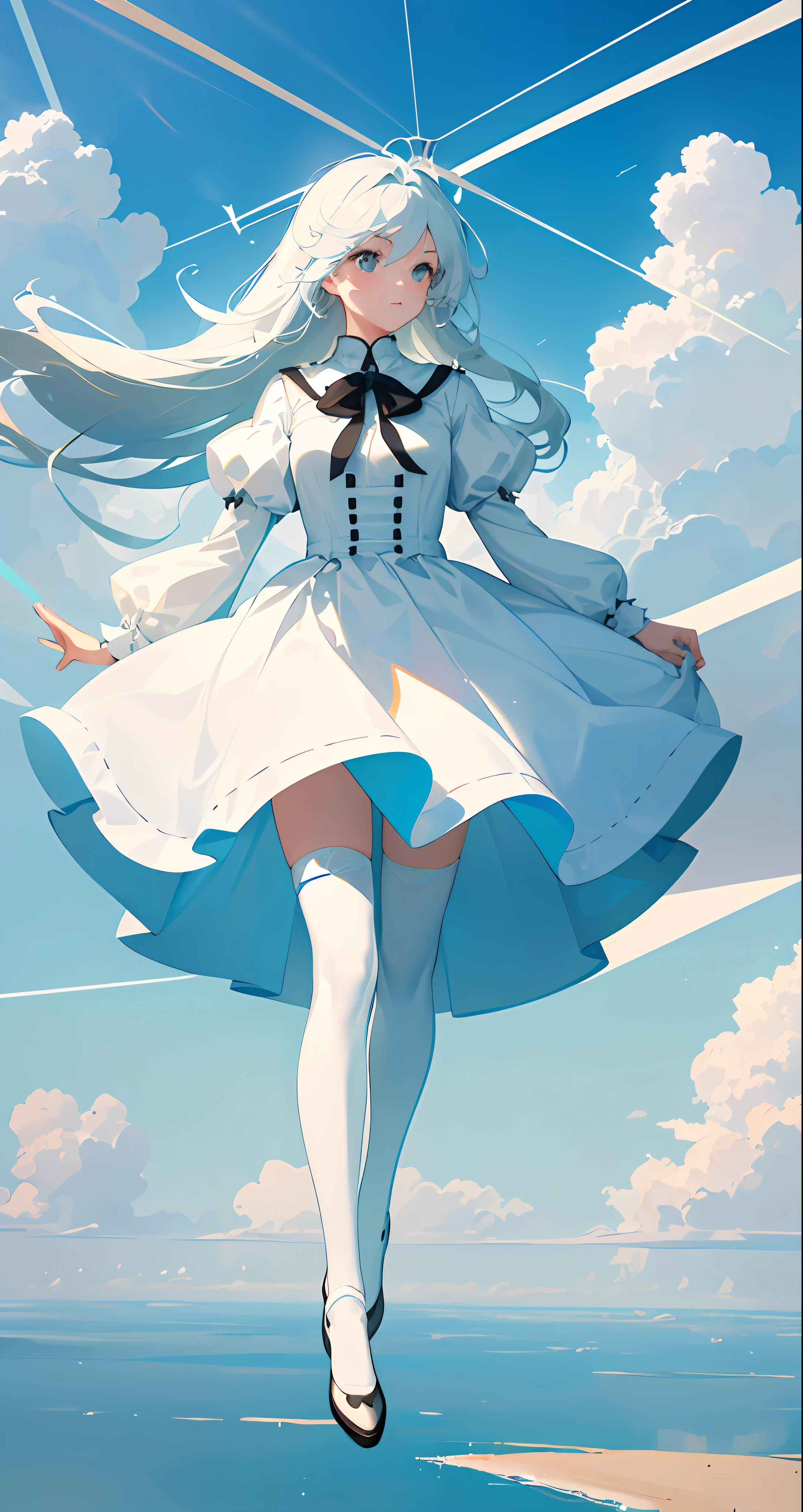 Masterpiece, Best Quality, Film Stills, 1girl, Floating in the Sky, Cloud Girl, Clouds, (Close-up: 1.1), Bright, Happy, Funny, Soft Light, (Bauhaus, Shapes, Lines, Abstract: 1.1), Full Body, White Stockings
