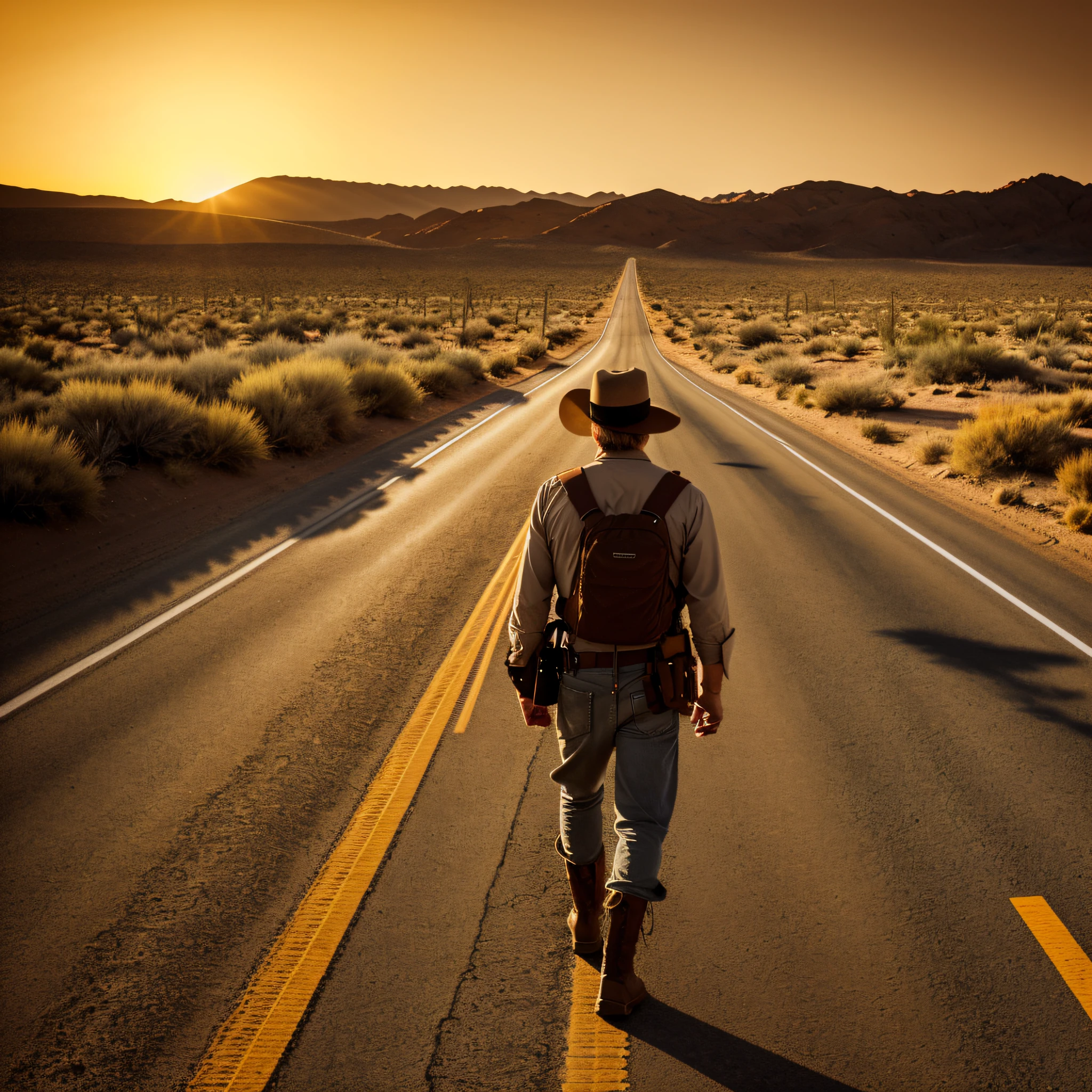 8k, award-winning photography, trend in ArtStation, (cinematics), (film), extremely detailed, cinematic lighting, western, desert (sunset), 1 man on his back, man of 30 years, man has a hat, man walking in the desert, on an area road, some vegetation and plants like cacti on the right and left side of the road, man wears boots, has no gun at the waist,  shades of orange,