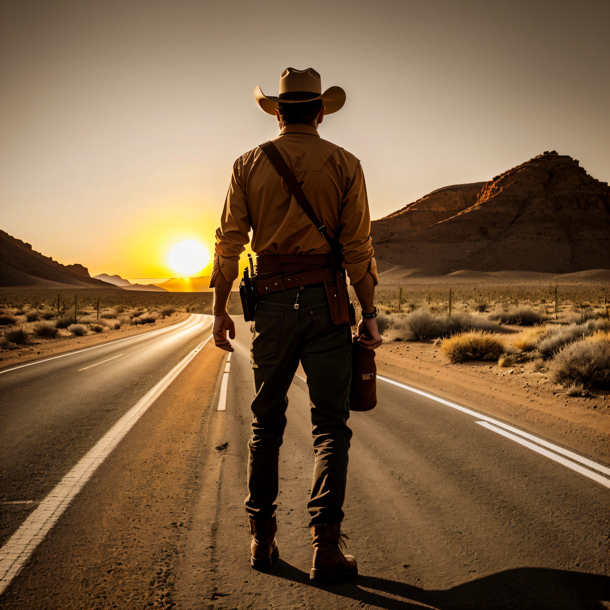 8k, award-winning photography, trend in ArtStation, (cinematics), (film), extremely detailed, cinematic lighting, western, desert (sunset), 1 man on his back, man of 30 years, man has a hat, man walking in the desert, on an area road, some vegetation and plants like cacti on the right and left side of the road, man wears boots, has no gun at the waist,  shades of orange,