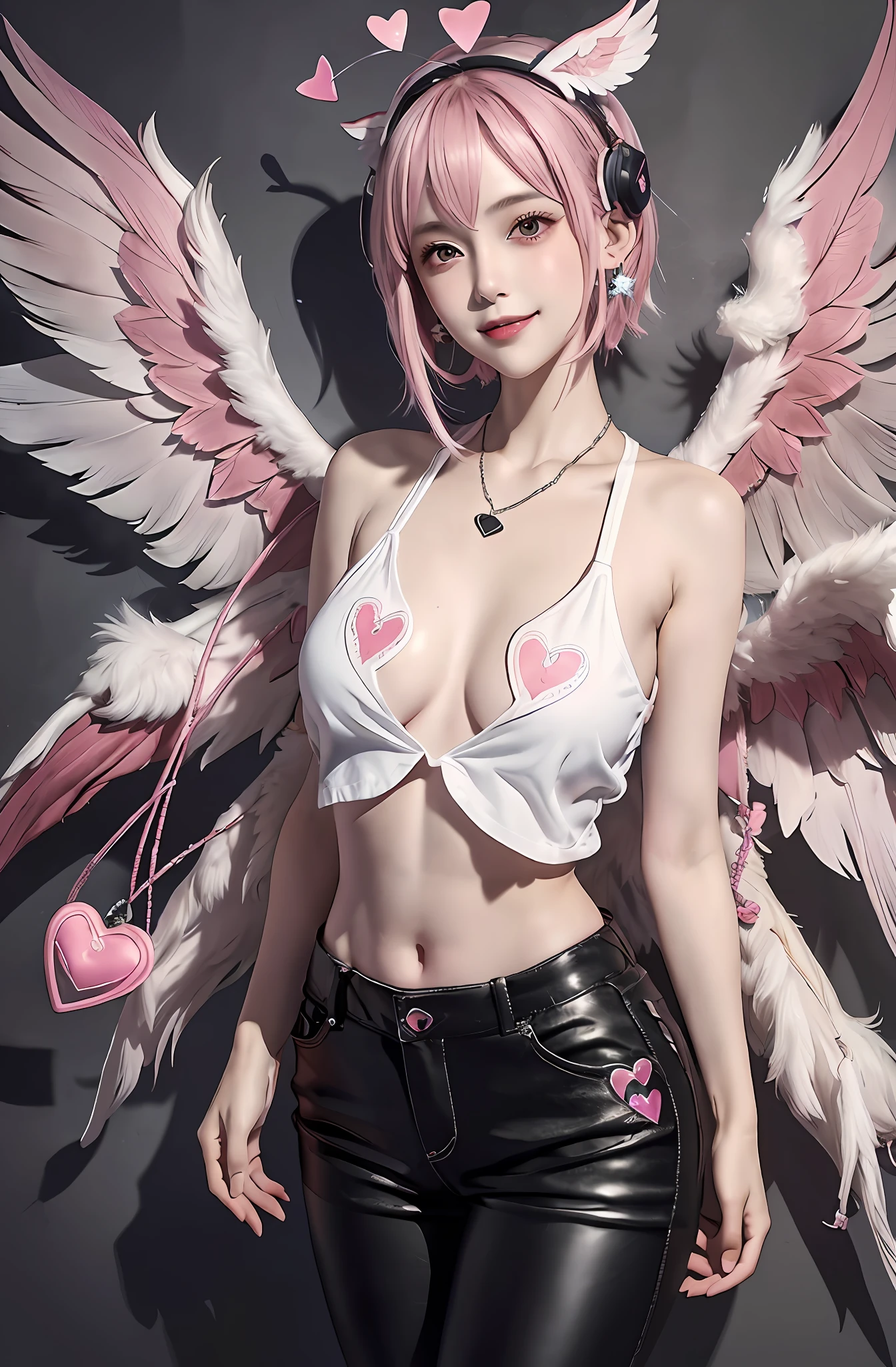 Short hair. Long pants that are cut off. Parka. Earring. Angel wings. Heart-shaped vacant . Heart logo. A big smile. Game Center. Headphone. White wings. Navel. Futomo. Navel out. Put on the cap. Pink hair