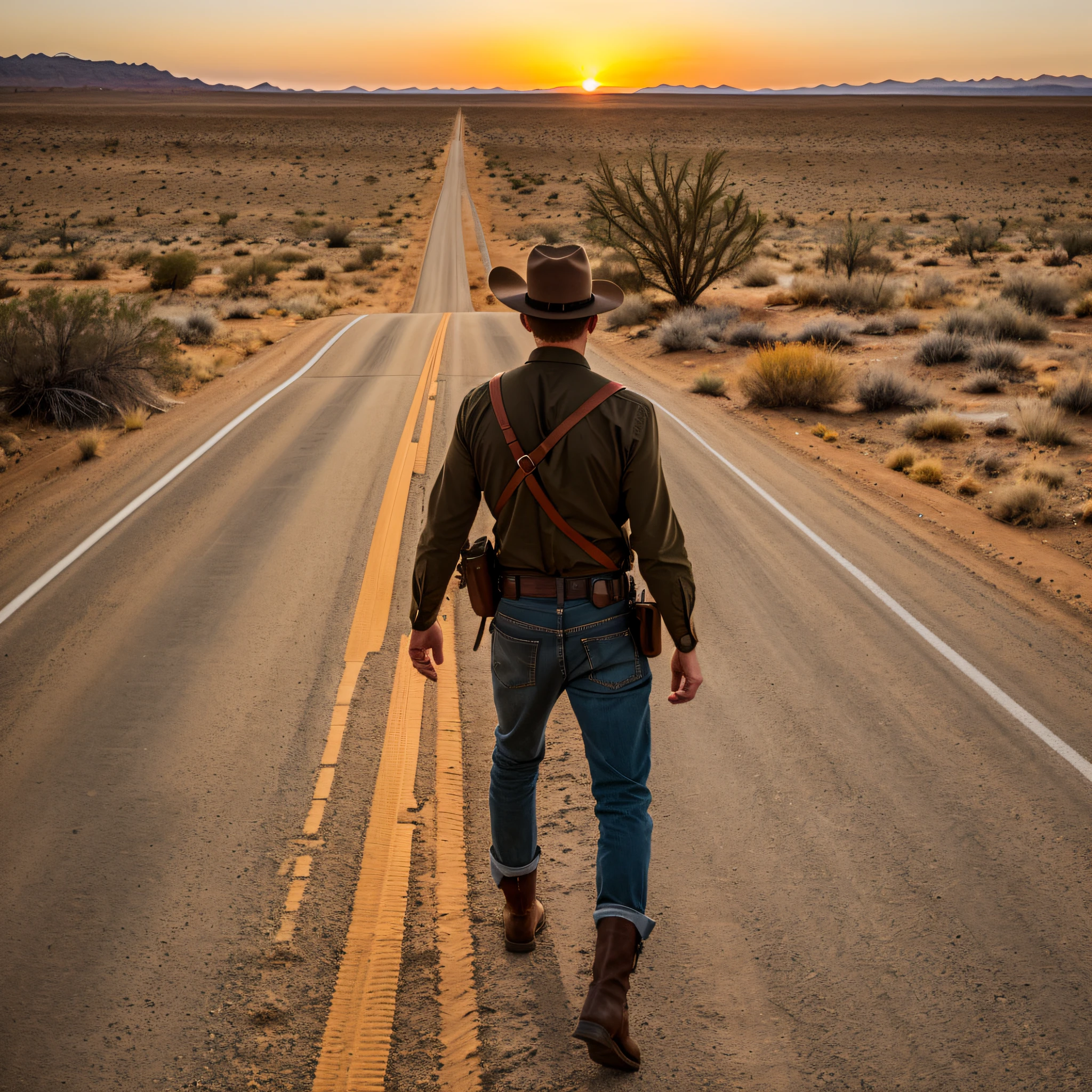 8k, award-winning photography, trend in ArtStation, (cinematics), (film), extremely detailed, cinematic lighting, western, desert (sunset), 1 man on his back, man of 30 years, man has a hat, man walking in the desert, on an area road, some vegetation and plants like cacti on the right and left side of the road, man wears boots, has no gun at the waist, shades of orange,