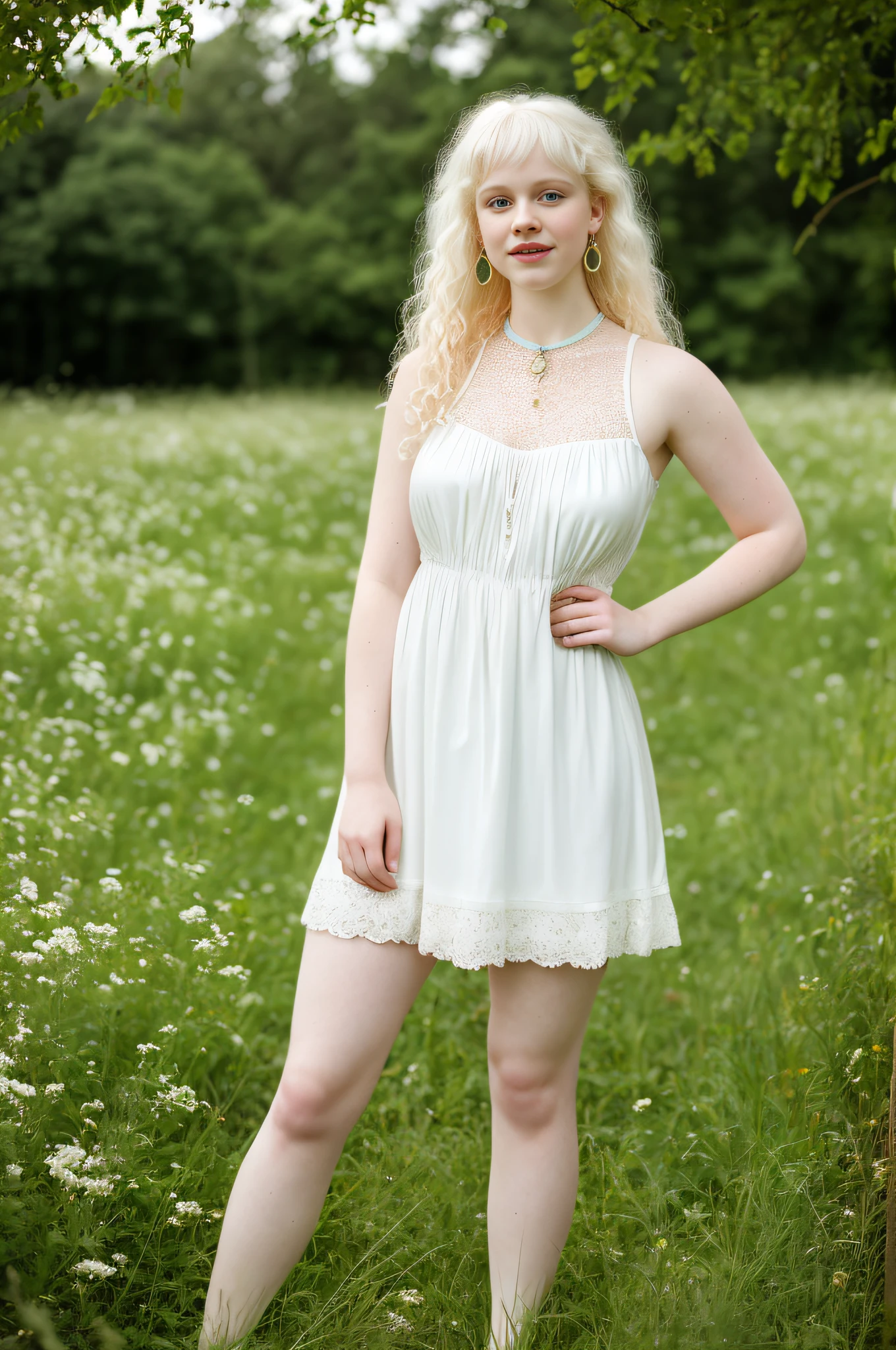 (masterpiece), best quality, a photograph of one (full body, beautiful albino woman, 18 years old, attractive, a goddess), white curly hair with bangs, large breasts, thick thighs, pink lips, small freckles on the face, silky skin, beautiful green eyes (sparkle in the eyes), earrings, choker, short white dress of fine silk, beautiful smile, in an open field with lawn, flowery, blue sky, morning, soft lighting.