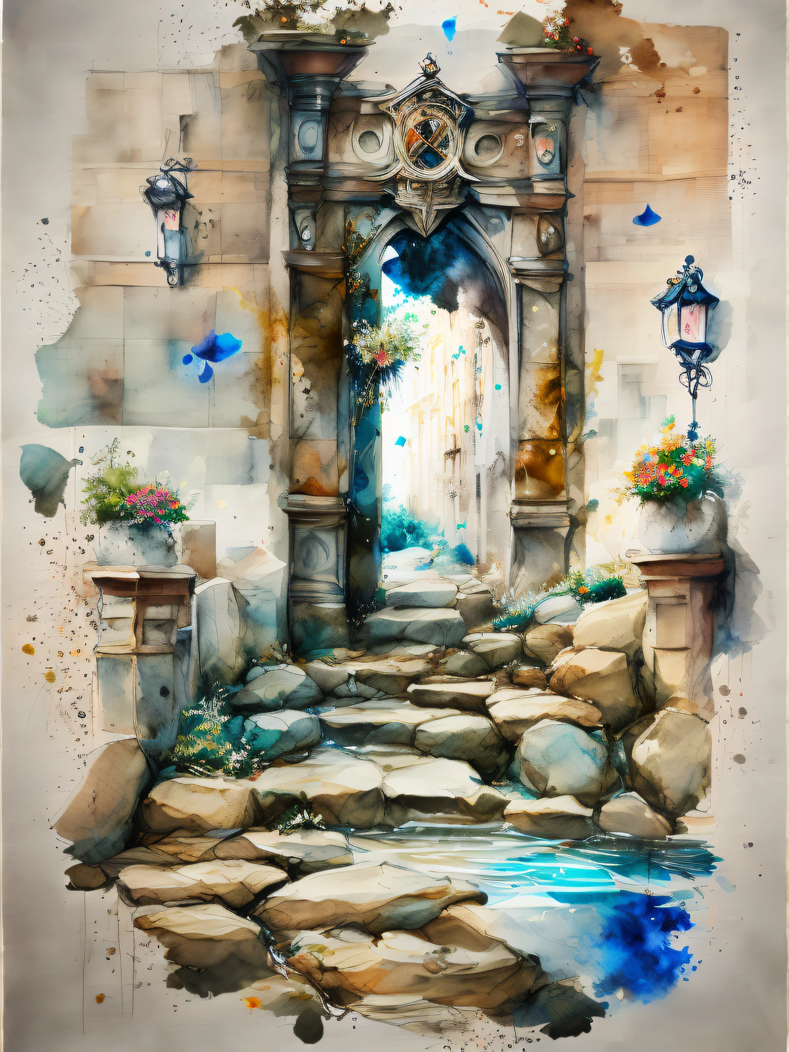 miaobishenghua  , [(white background:1.5)::5], 1 girl, mid shot, full body, butterflies, flowers,floating petal,stone fragment, beautiful detailed water,cloud,sun,dusk,sunset,beautiful detailed gate,