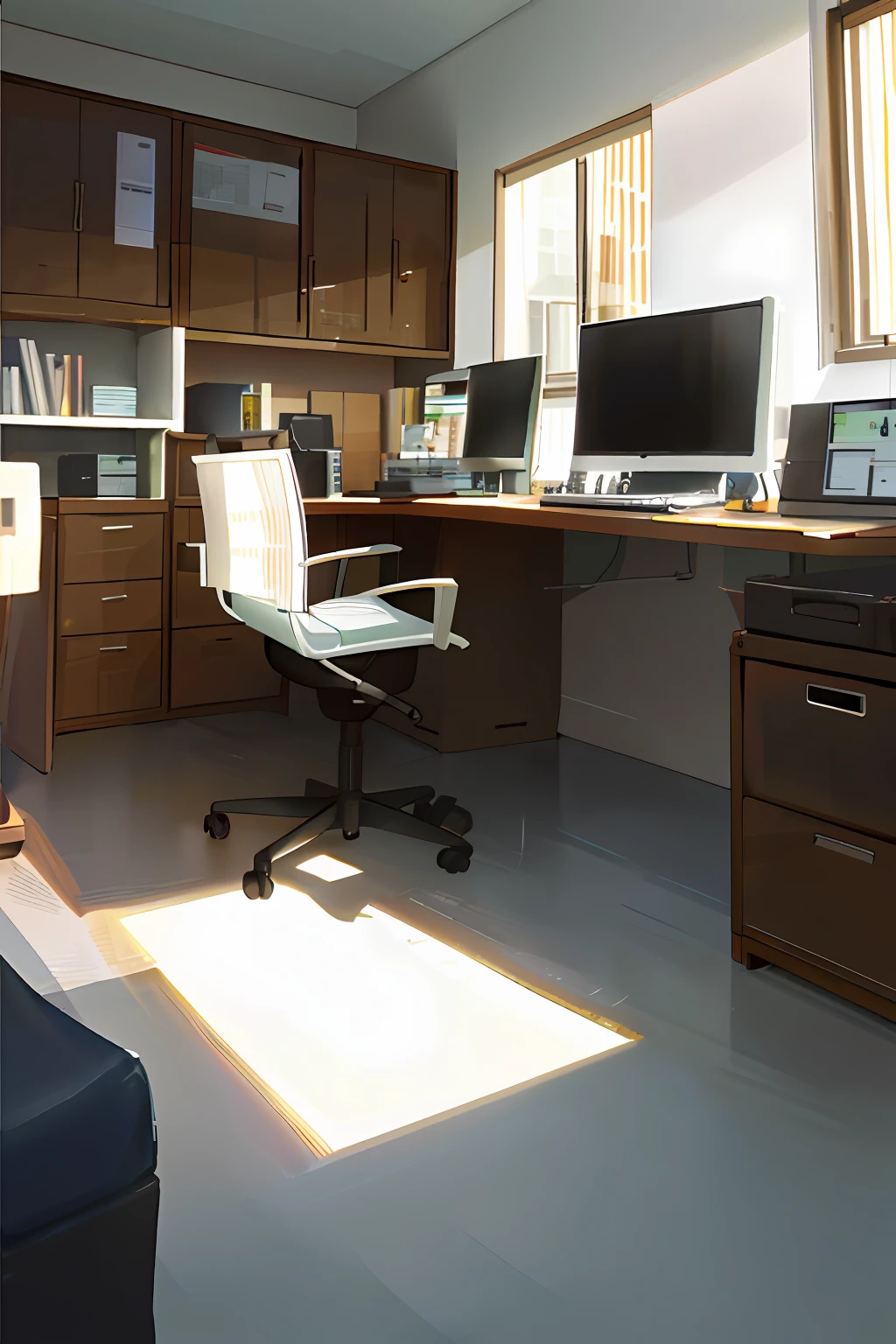 Office, computers, 3 desks, on the wall has to be written "Infomax Media", very realistic office of the company Infomax Media