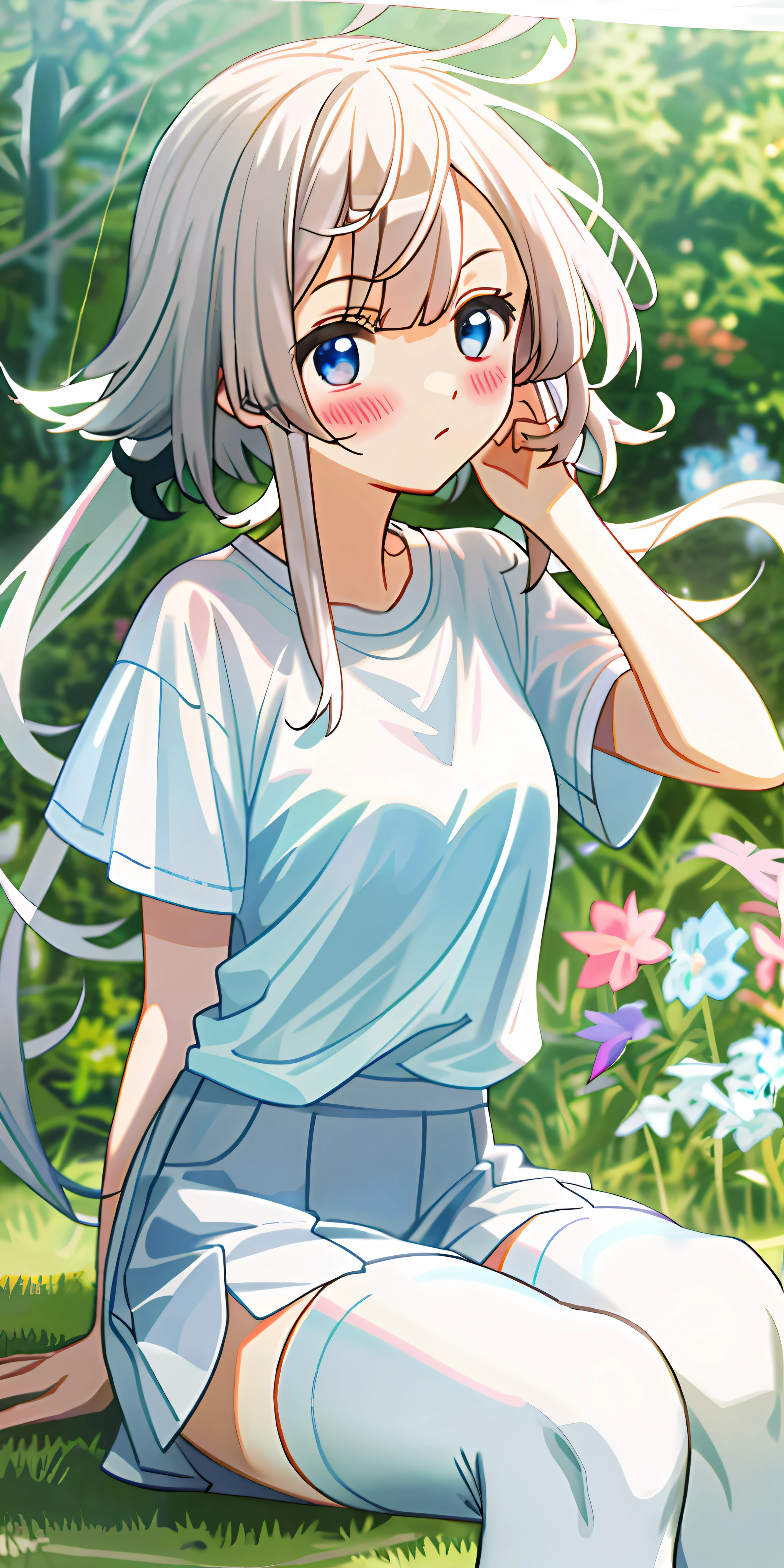 White transparent t-shirt, white stockings, blush