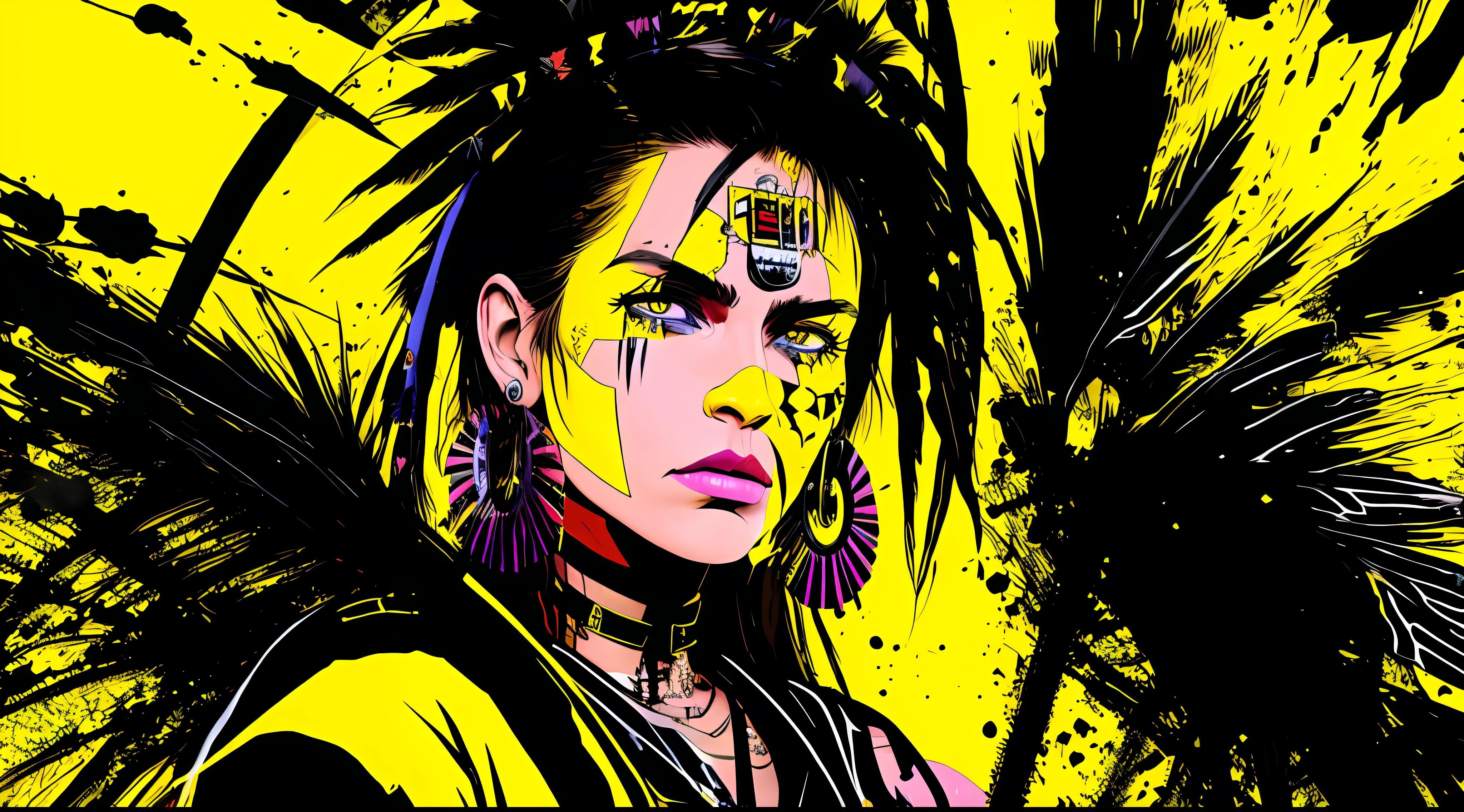 yellow and black, indigenous warrior woman, in the style of Mork Borg, strong contrast, grunge dirty punk splash art, zine black metal, colorful splash background