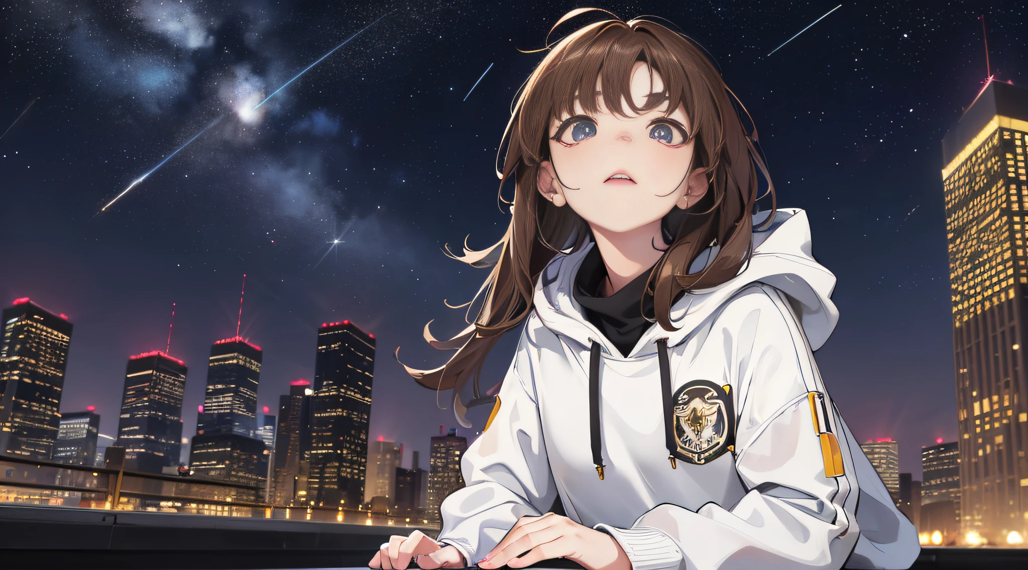 1girl, full body, panorama, petite and cute, on the city street, brown hair, masterpiece, exquisite, urban architectural lights, white hoodie, heterochromatic pupils, 45 degrees looking up at the starry sky, looking high and cold, sitting on the roof of the car shed, slightly longer cuffs