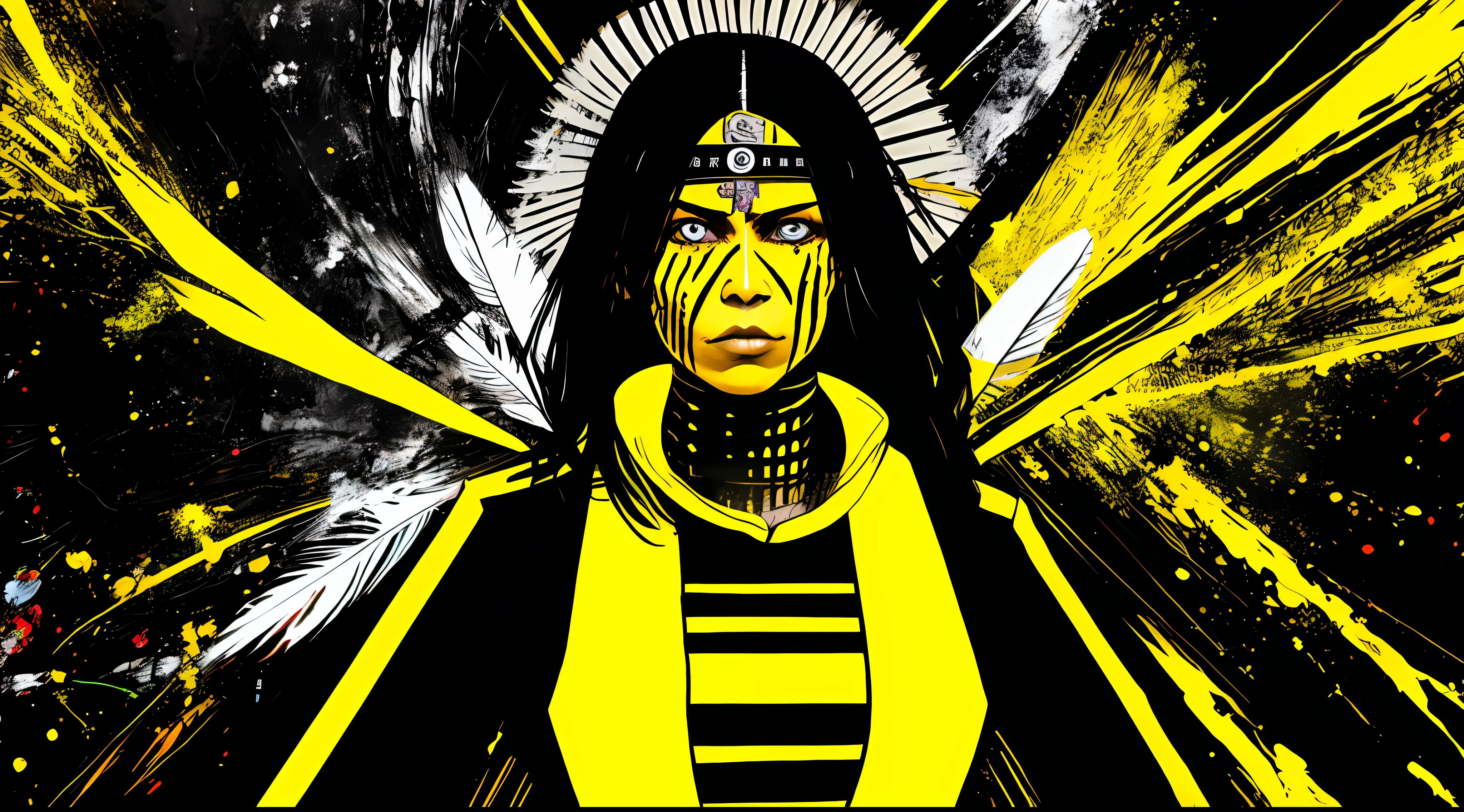 yellow and black, indigenous warrior woman, in the style of Mork Borg, strong contrast, grunge dirty punk splash art, zine black metal, colorful splash background