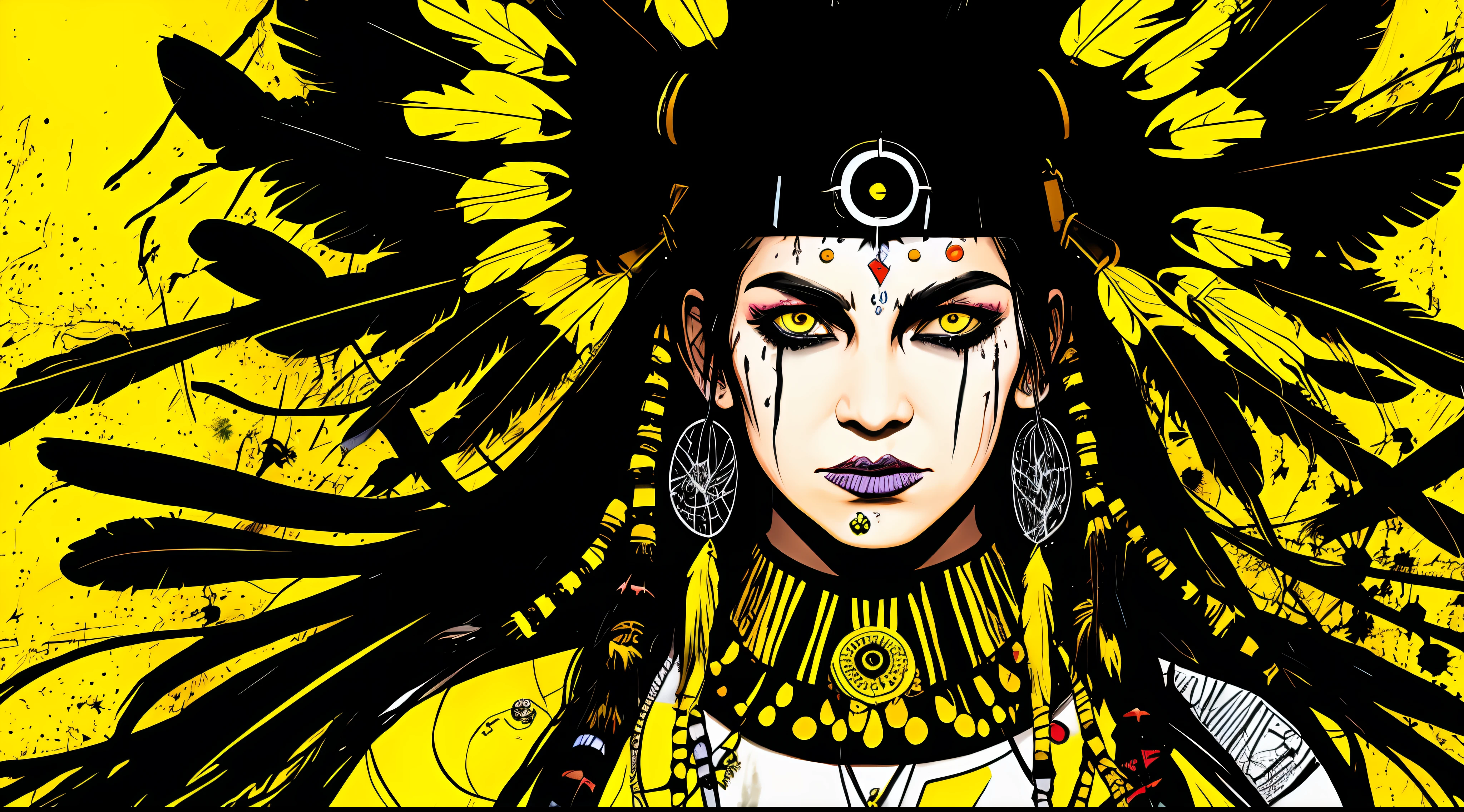 yellow and black, indigenous woman shaman, in the style of Mork Borg, strong contrast, grunge dirty punk splash art, zine black metal, colorful splash background