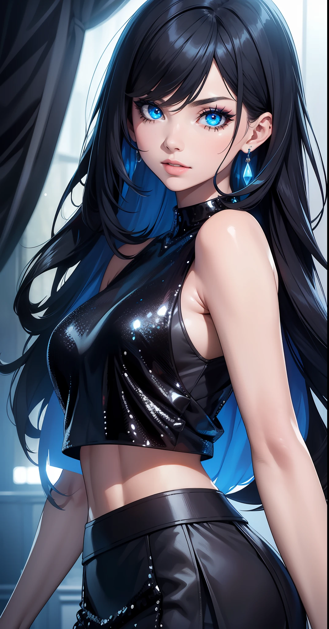 16K, Best quality, masterpiece, 1woman, solo, mature, sexy, highly detailed face and eyes, professional makeup, black sequin sleeveless cropped top, skirt, blue-black dual tone long  hair, glowing blue eyes