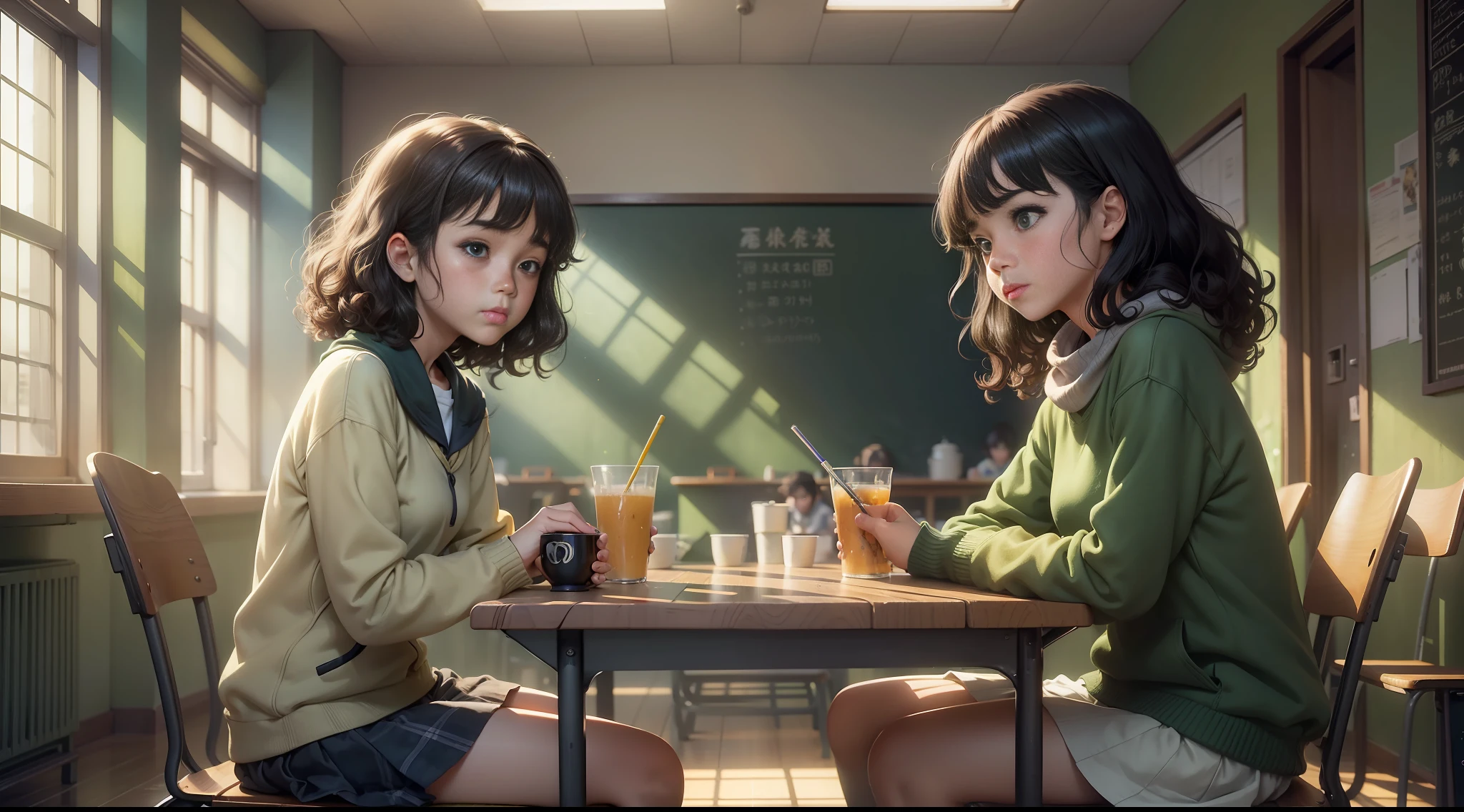 Miyazaki style, interior scene, cold color, sunlight penetration, two-dimensional scene, floor, table, chair, silhouettes of people, school cafeteria, a girl with long curly brown hair and green eyes sitting at a table, NEXT to a girl with short black hair SMOOTH, beautiful skin, perfect face, UHD, 8k, SCHOOL ENVIRONMENT