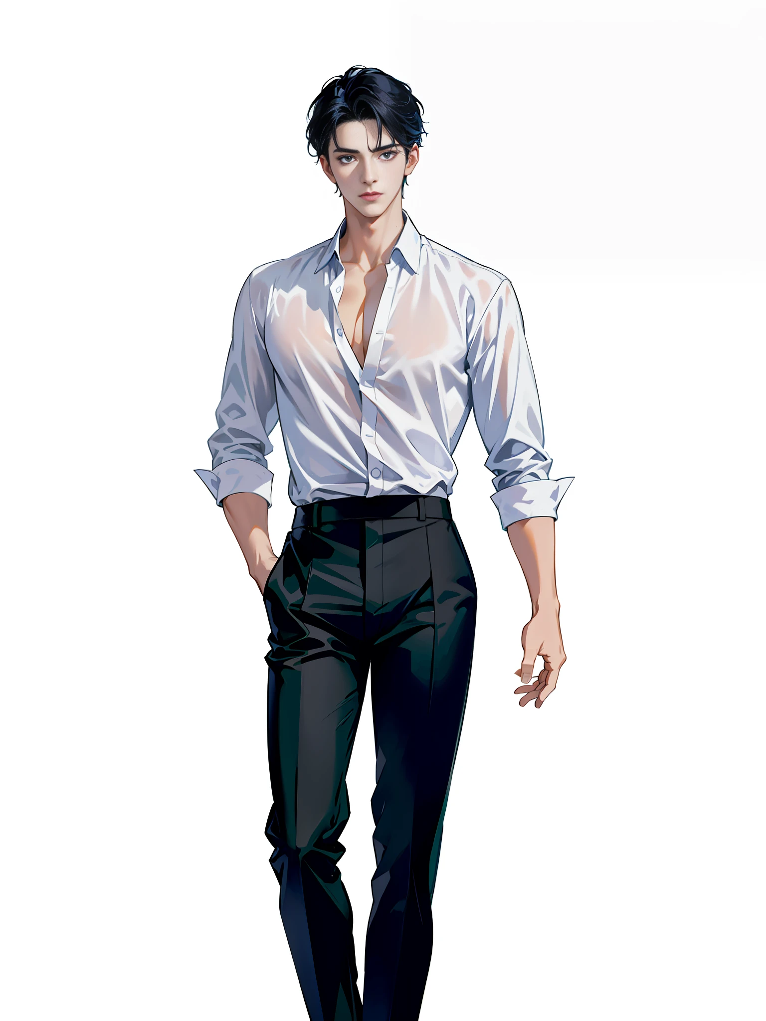 arafed image of a man in a white shirt and black pants, inspired by Yanjun Cheng, handsome anime pose, inspired by Zhang Han, single character full body, anime handsome man, handsome guy in demon slayer art, smooth anime cg art, inspired by Bian Shoumin, tall anime guy with blue eyes, male anime character, full body single character