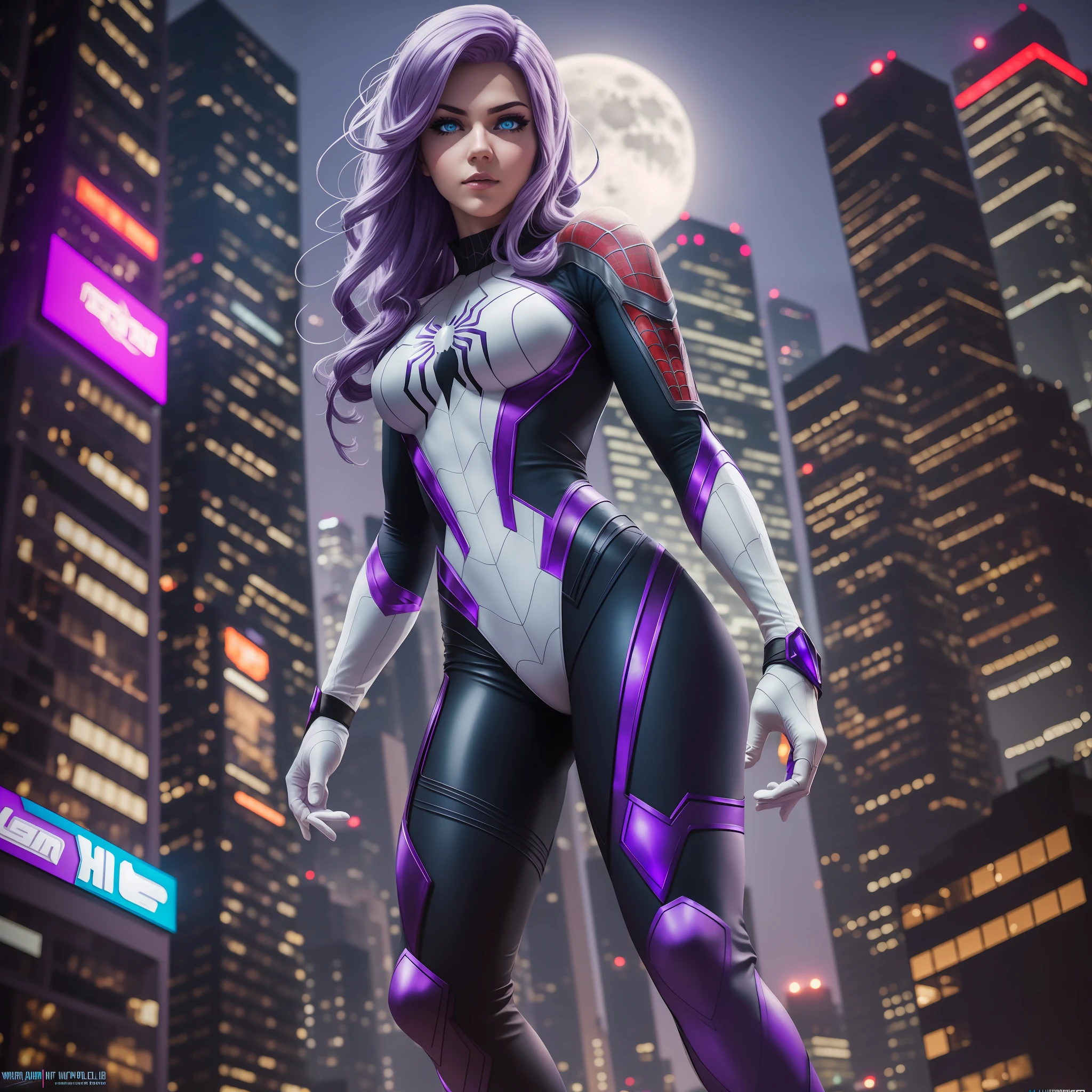 White spider man cosplay woman, hot, sexy, full body, purple hair, blue eyes, cyberpunk city, full moon, night,8k, uhd, severe low lighting, high quality, sharp focus,fujifilm XT3 --auto --s2