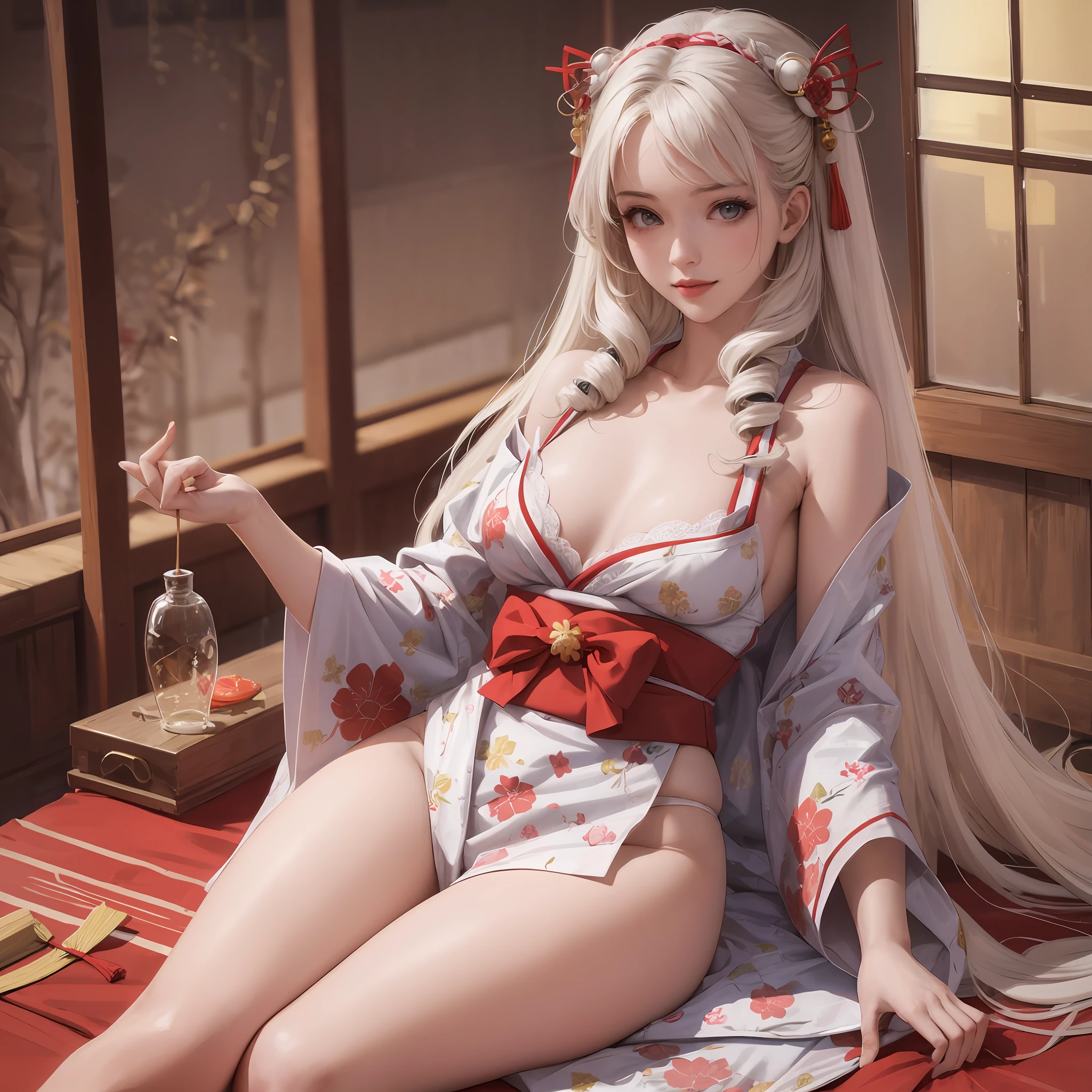 I gril, realistic, 20 years old, white, very thick thighs, small smile in the middle of the lips straight and long hair a little curly white color, white kimono open, neckline, panties, breasts extremely granades, word love in Japanese written in red on the pupils of the blue eyes of the character, sitting on the bed in a sensual way, posed for photo, Small bra, Japanese New Year festival at night --auto --s2