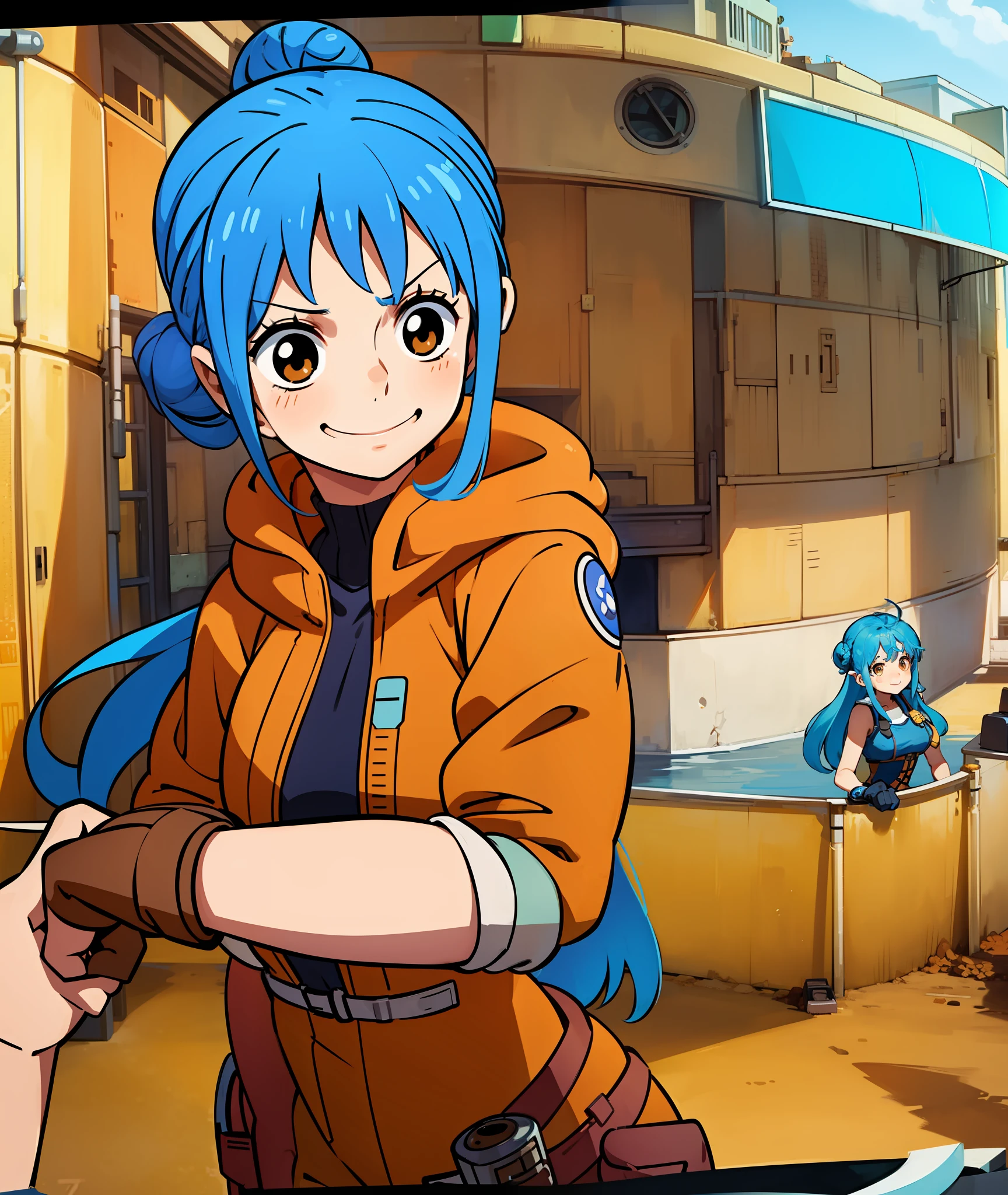 1girl, blue hair, long hair, hair in buns, brown clothes, brown eyes, goggles, brown gloves, confident, energetic, engineer, cute, happy