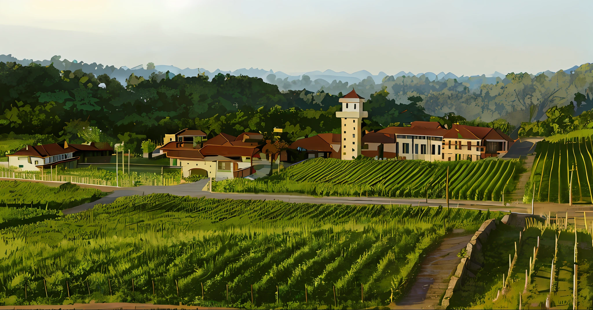 arfed view of a vineyard with a tower in the distance, wine, vineyard, an idyllic vineyard, napa, quintessa, long view, full view, travel, imposing, by Fernando Gerassi, castle, cinematic still, southern European scenery, view view, historical scenery, surrounding the city, background, overview, sky on earth, breathtaking quality, beauty in planting, The verdant slopes in the distance, the road flies between them, the morning light is soft enough to rival a cinematic blockbuster, visual surrealism, deep scene Bokeh fixed focus, light and shadow tracking, perfectly integrated into this rural countryside. --auto --v6 --s2