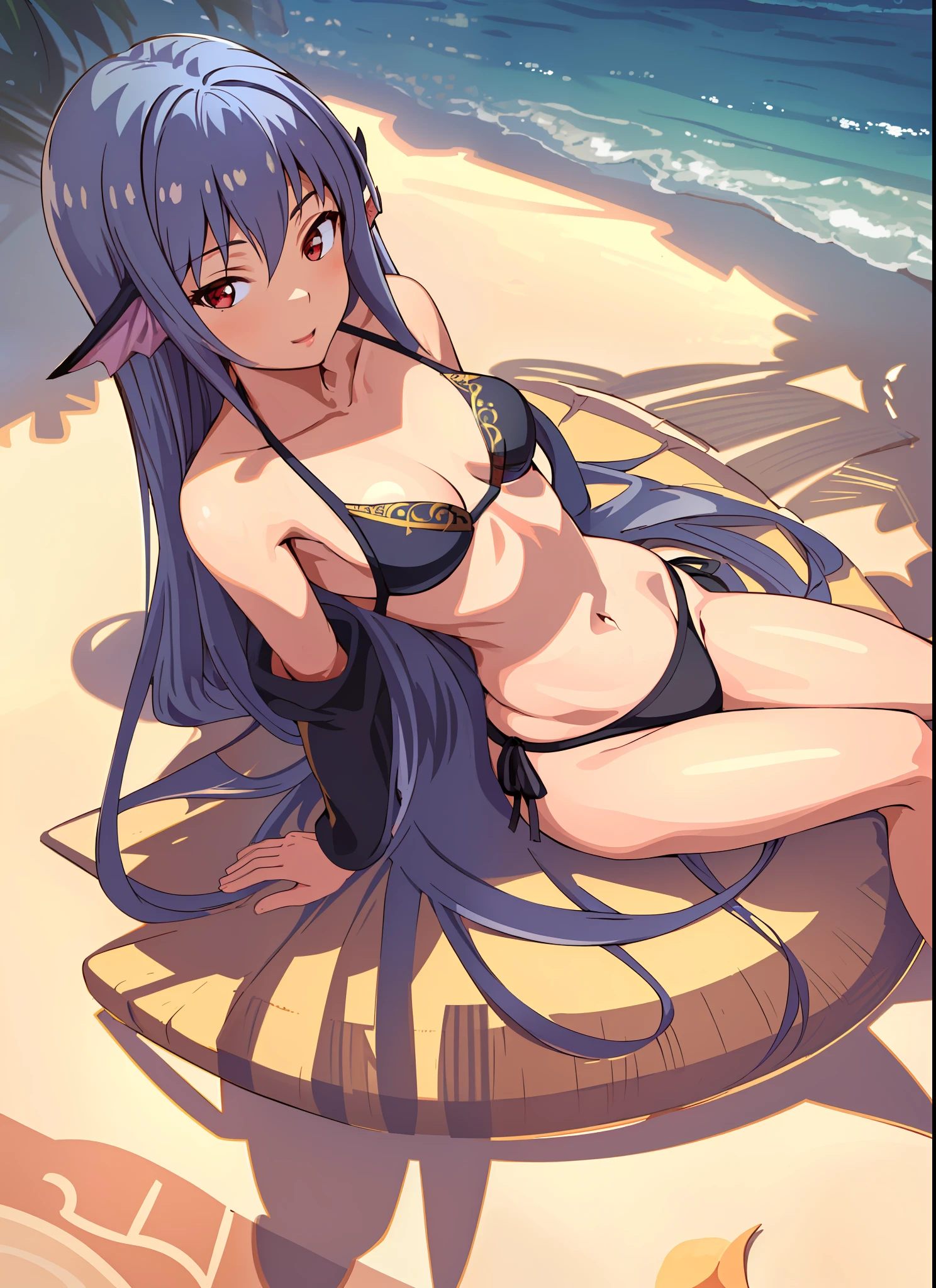 (masterpiece, best quality, intricate details, ultra details, ultra quality, highres, best shadow, best illumination, 4k)Levia, fish ears, small breasts:1, flat chested:1, LotusPosition, Lotus position, tiny bikini, red eyes, beach background, detailed background, warm lighting, colorful:1.5