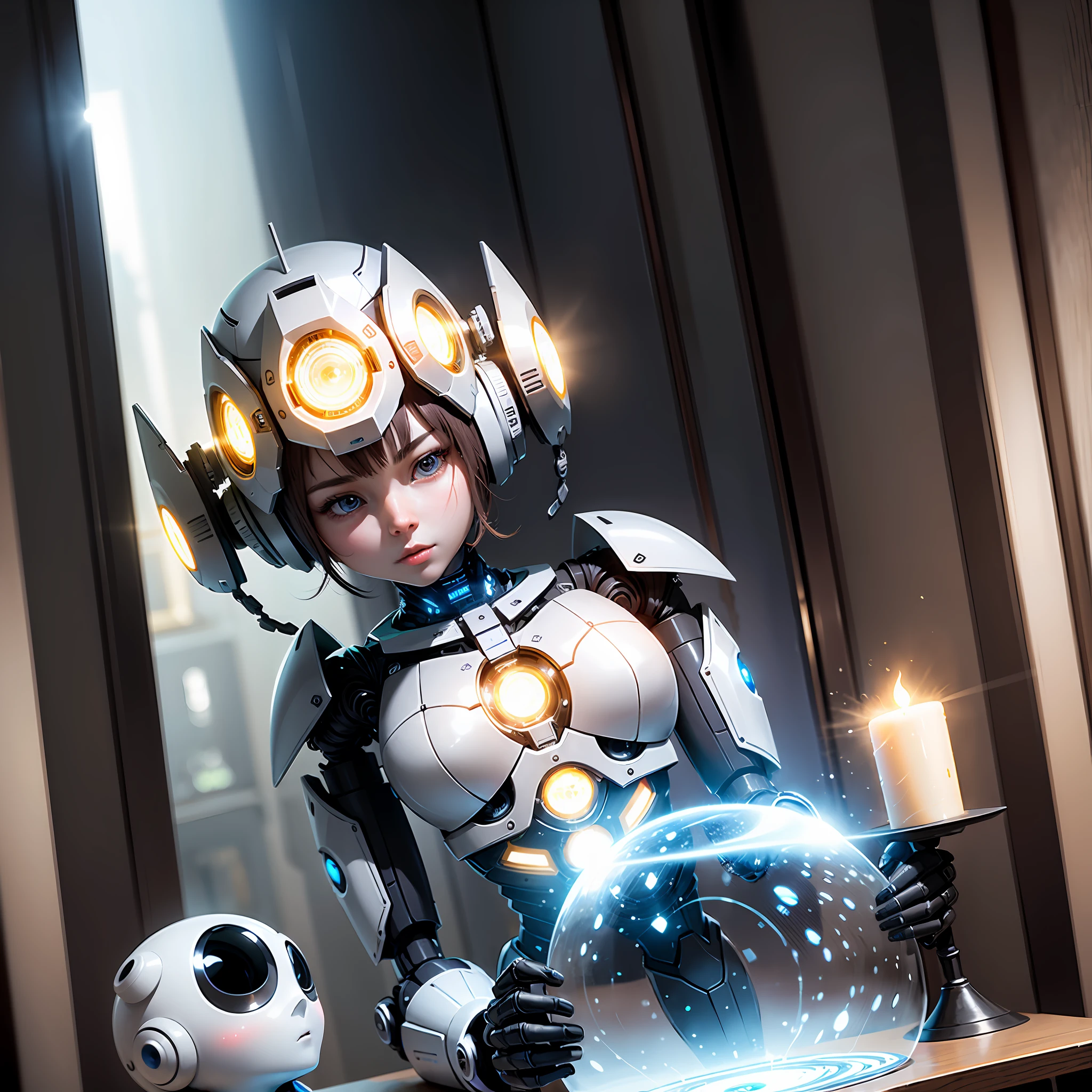 Humanoid robot, exquisite structure, beautiful face, beautiful humanoid robot, holy light with the word "AI" behind it